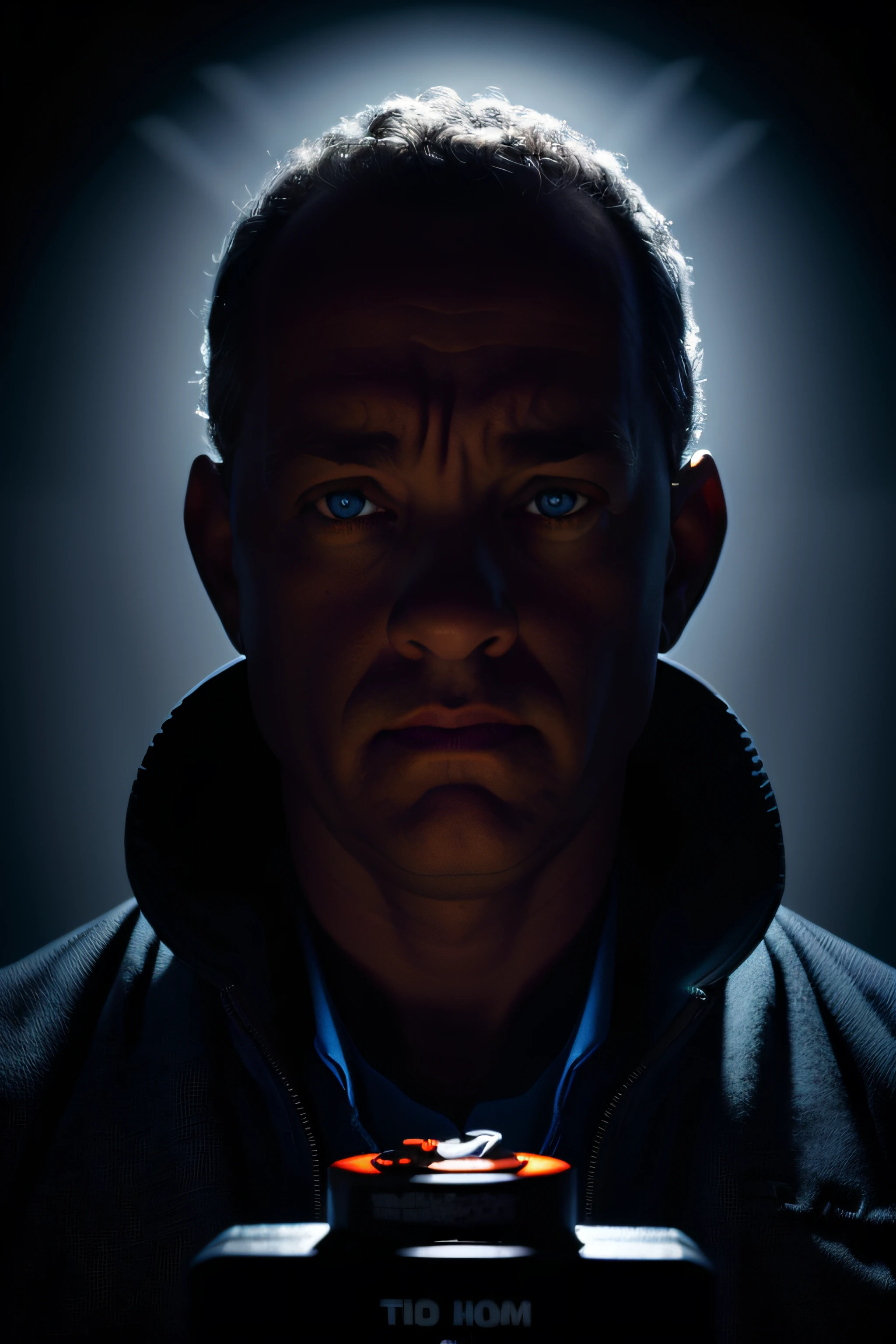 Front PLANE Medium Portrait of an Award-Winning Photo by Tom Hanks, posing in a dark studio, (rim lighting,: 1.4) dual-tone lighting, foco nítido, Blue-oil hue, octanagem, irreal, mal iluminado, chave baixa,