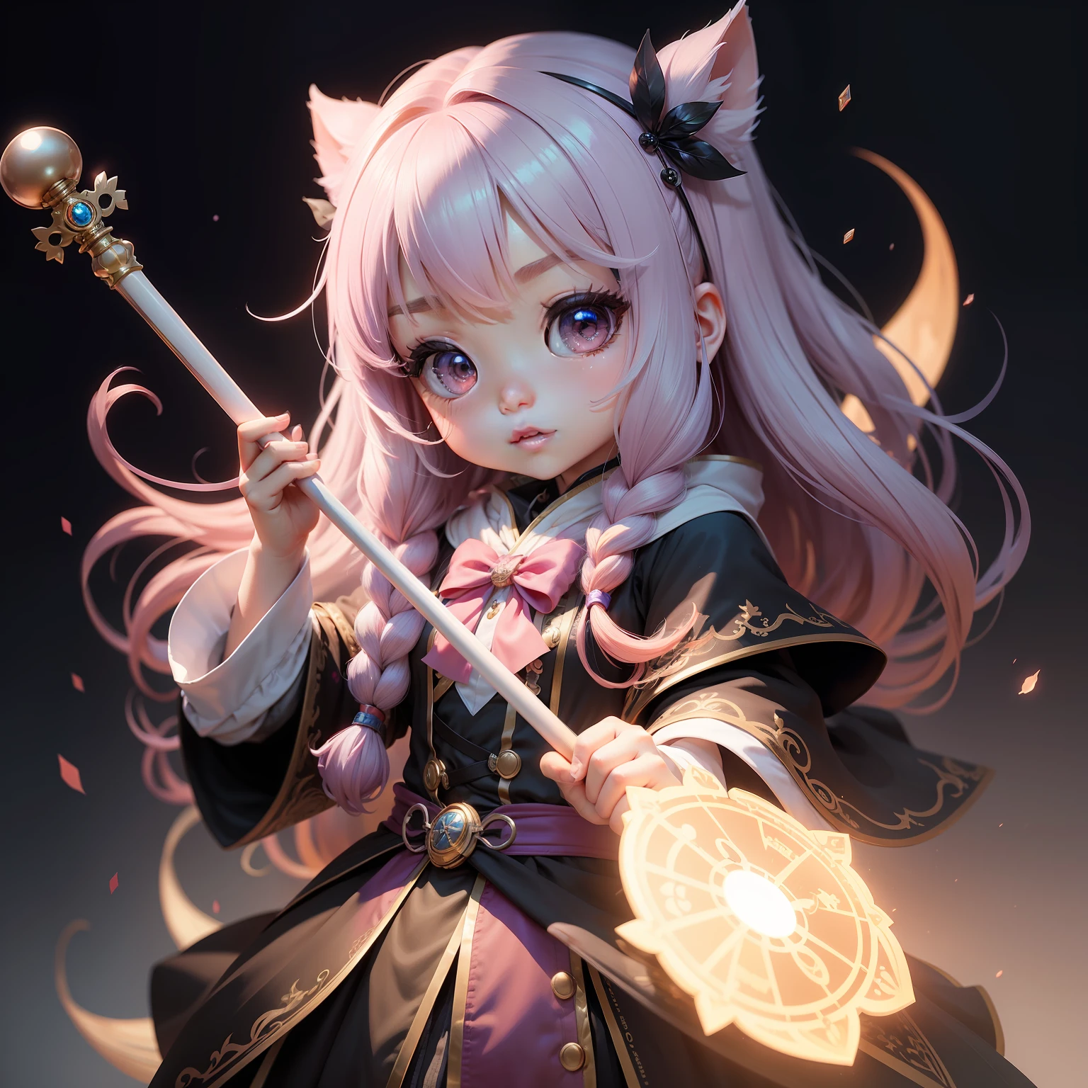 a beauty girl、Soio、super precision、accuracy、nendoroid、Chibi、Multicolored hair color、kawaii、Fantasia、sorcerer、Holding a cane
