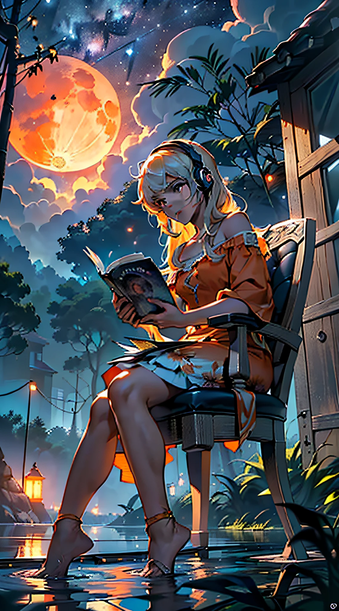 muita qualidade, ((estilo manga)), (((uma garota linda de cabelos brancos sentada abeira de um lago debaixo de uma linda arvore grande)), (with the tips of the toes touching the water), with headphones on your head, ((dramatic weather)), noite estrelada, sky with orange clouds, (((noite de lua cheia))), melhor qualidade, (((A girl hunched over the table reading a comic book with headphones sitting in her chair))), ((low wiring girl))), ((dentro do quarto em sua escrivania)), (Room window showing outside with tree with pink and white leaves falling, ((vaga-lumes ao redor da )), (several fireflies), em um belo gramado verde, clima de outono, campo aberto, ((Cloudy night sky with orange clouds)), ((uma grande lua no fundo da imagem)), atmosfera escura, Dramatic weather.