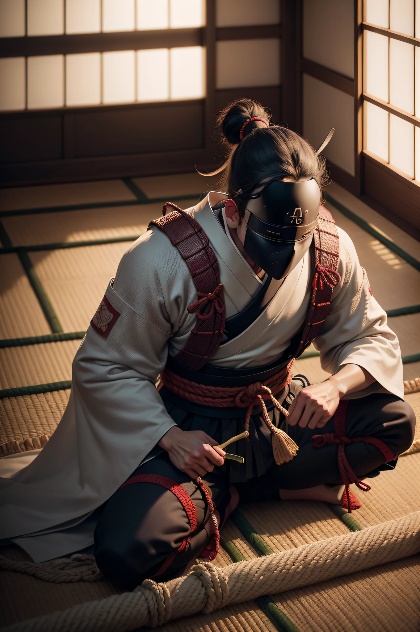 2 samurais fencing in a fencing japonese room, beautiful image , ultra realistic photography