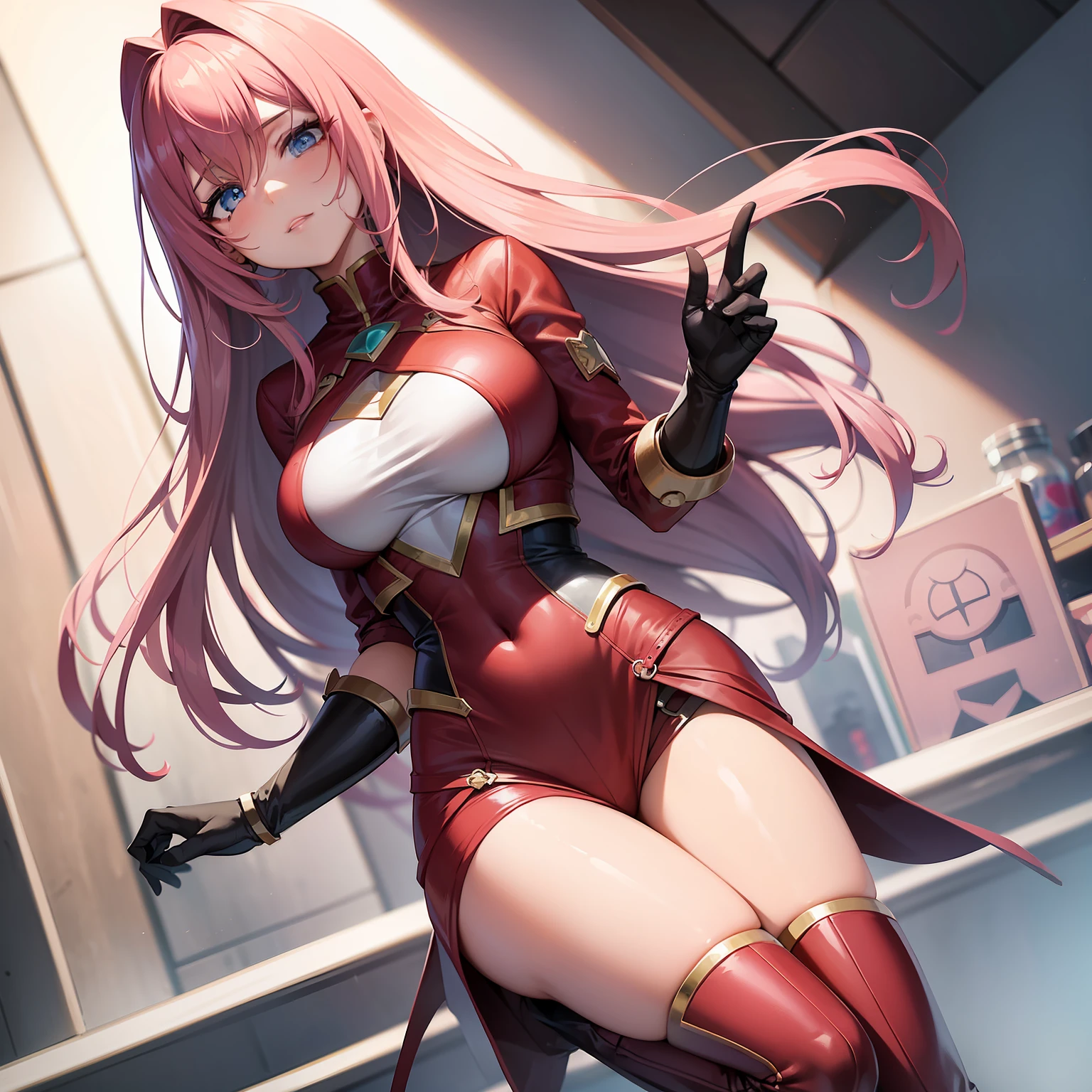 1 garota, middlebreasts, cabelo longo, superhero outfit, cabelo loiro, cabelo loiro com um pequeno gradiente rosa por baixo