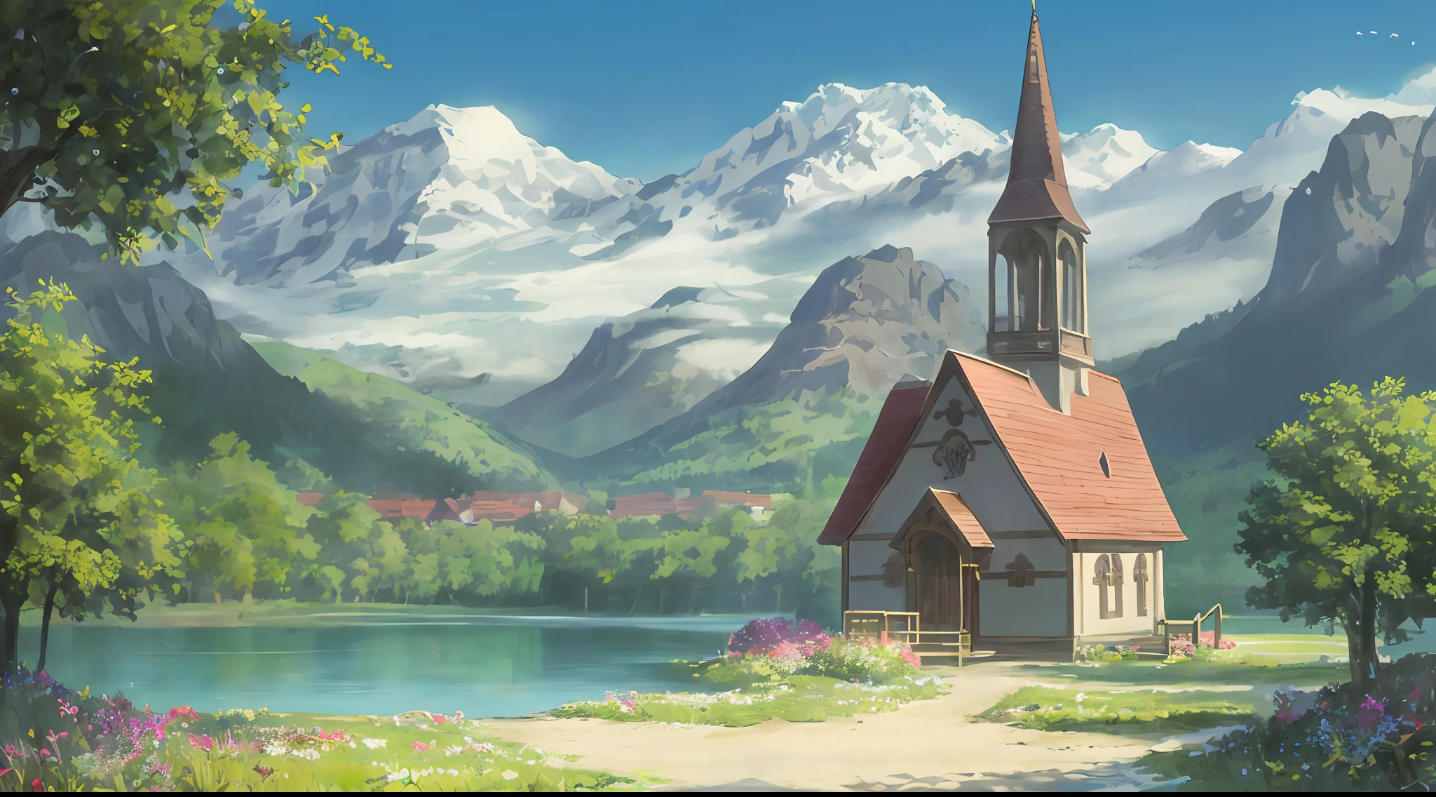 church near a lake, in the style of  scenery