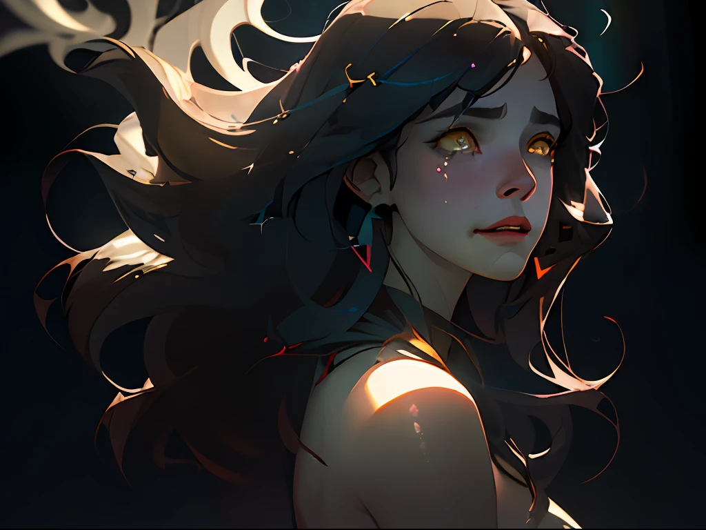 (beste-Qualit, tmasterpiece), hyper-realistic realistic texture, Masterpiece, Unreal Engine 5, extremely detailed CG unity 8k wallpaper, Realistic eyes, Madly detailed photo, (??????? of light and shadow, deep shadow), a 1girl, ciberpunk, particle, the wind, looks at the viewer, back light, upper-body, the pose, dark flowing hair and yellow eyes, slight smile, tears in eyes, Glass eyes, Farewell atmosphere