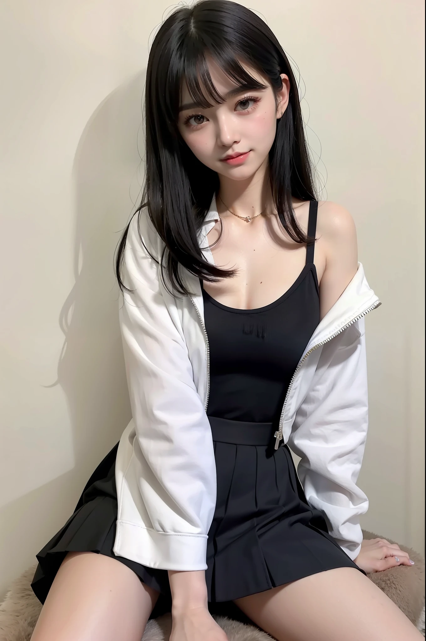 Photo Real、photoRealstic　hairstyle on、A dark-haired、Pure black hair、Straight hair、with a edgHimeCut hairstyle、Himecut Hairstyles、Himecut、Pattsun bangs、Hair in front of the ears、Hair completely down　Narrow-eyed、Very narrowed eyes、Red eyeshadow、Dark eyeshadow、heavy eye makeup、Makeup that stands out、drooing eyes、Squint and smile、A smile that almost closes your eyelids、Plump cheeks、with round face、cute little、Puffy cheeks　Revealing clothing、Flashy clothes、Pretty clothes、Beautiful skin、skinny  body、Very soft thighs、a short skirt、Black skirt、White panties　hi-school girl、sixteen years old、full body Esbian、Boldly crouching pose