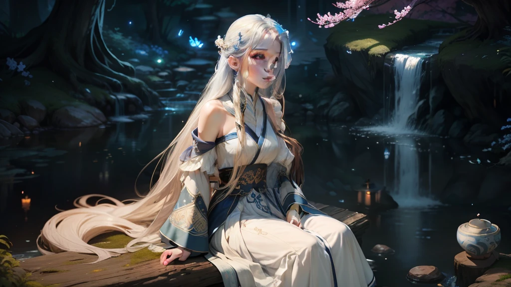 in the evening, a female character of fantasy style sits on an old tree, with extremely beautiful facial features, Long hair, Elegant Hair, Blue and white pottery hanfu long skirt, layered skirts, Dynamic Posture, Front view, Perfect composition, stream, Waterfall, Starlight, firefly, white blossoms, splash water, looking from bottom to top,ningrongrong