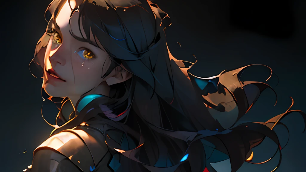 (beste-Qualit, tmasterpiece), ((hyper-realistic realistic texture, Masterpiece, Unreal Engine 5, extremely detailed CG unity 8k wallpaper, Realistic eyes, Madly detailed photo)), (ecstasy of light and shadow, deep shadow), a 1girl, ciberpunk, particle, the wind, looks at the viewer, back light, upper-body, the pose, dark flowing hair and yellow eyes, slight smile, tears in eyes, Glass eyes, Farewell atmosphere