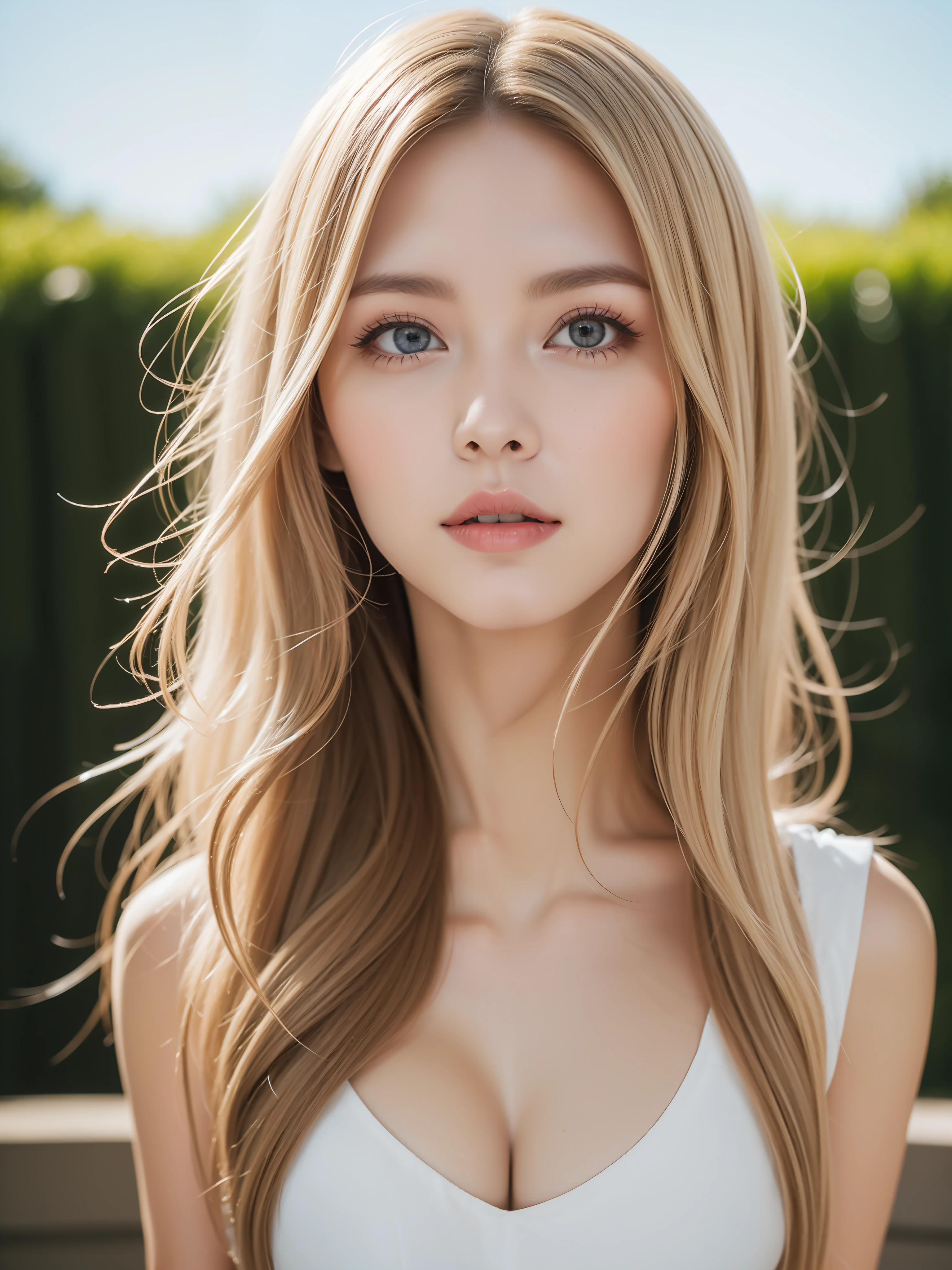 A woman of beauty in a fantastic space, Tight micro dress white and gold color, 98k, {{Masterpiece}}, Best quality, High quality:1.4), {{[[front look}}, eye_contact, a variety of poses)]], very pretty look face, and very pretty eyes, cute images, cute images, {{full bodyesbian}}, {{{{{{{{Long legs}}}}}}}}, {{{{slim sexy body}}}}, {{{{{{Tall woman}}}}}}, {{177 cm tall}}, Solo, Beautiful, Lovely, Adorable, Pale skin, {{18to 22 years old German girl}}, look beautiful German girl and blue eyes or green eyes with platinum blonde hair color), Nordic German young girl, {{{{{{{{{{ssmile}}}}}}}}}}, {{{{{{{{{{High_Heels}}}}}}}}}},