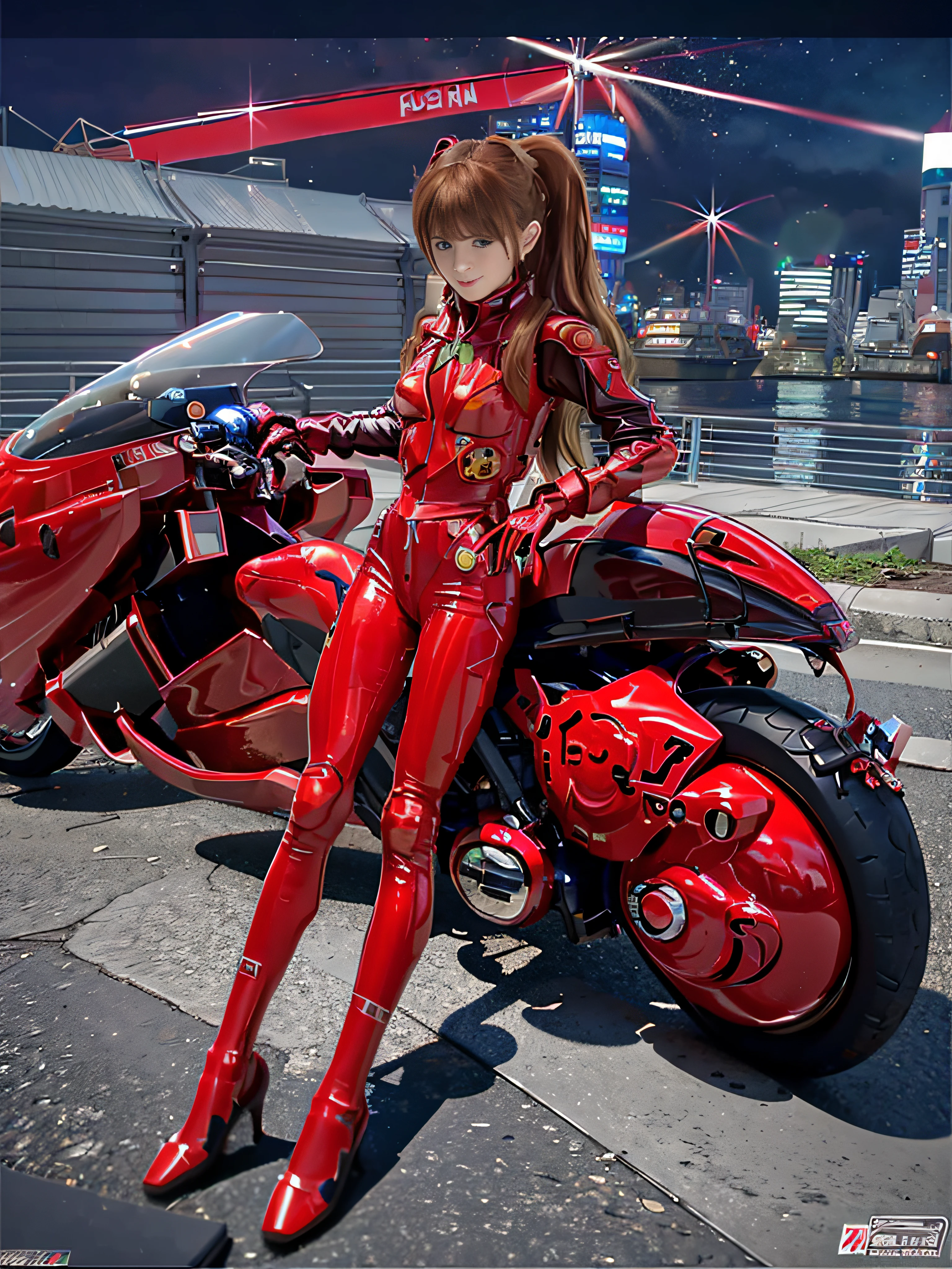 Official art, top-quality, ​masterpiece, 超A high resolution, (Photorealsitic:1.4), Raw photo, ((super realistic details)), portlate, globalillumination, Shadow, octan render, 8K, ultrasharp, Asuka, Eva 02, Long hair swaying in the wind, Almond-shaped sky blue eyes, long eyeslashes, shiny lip, Tsundere and playful look, asuka suit, Akira Bike Red, cycling, natta, Cyberpunk City View, Spectacular screen,