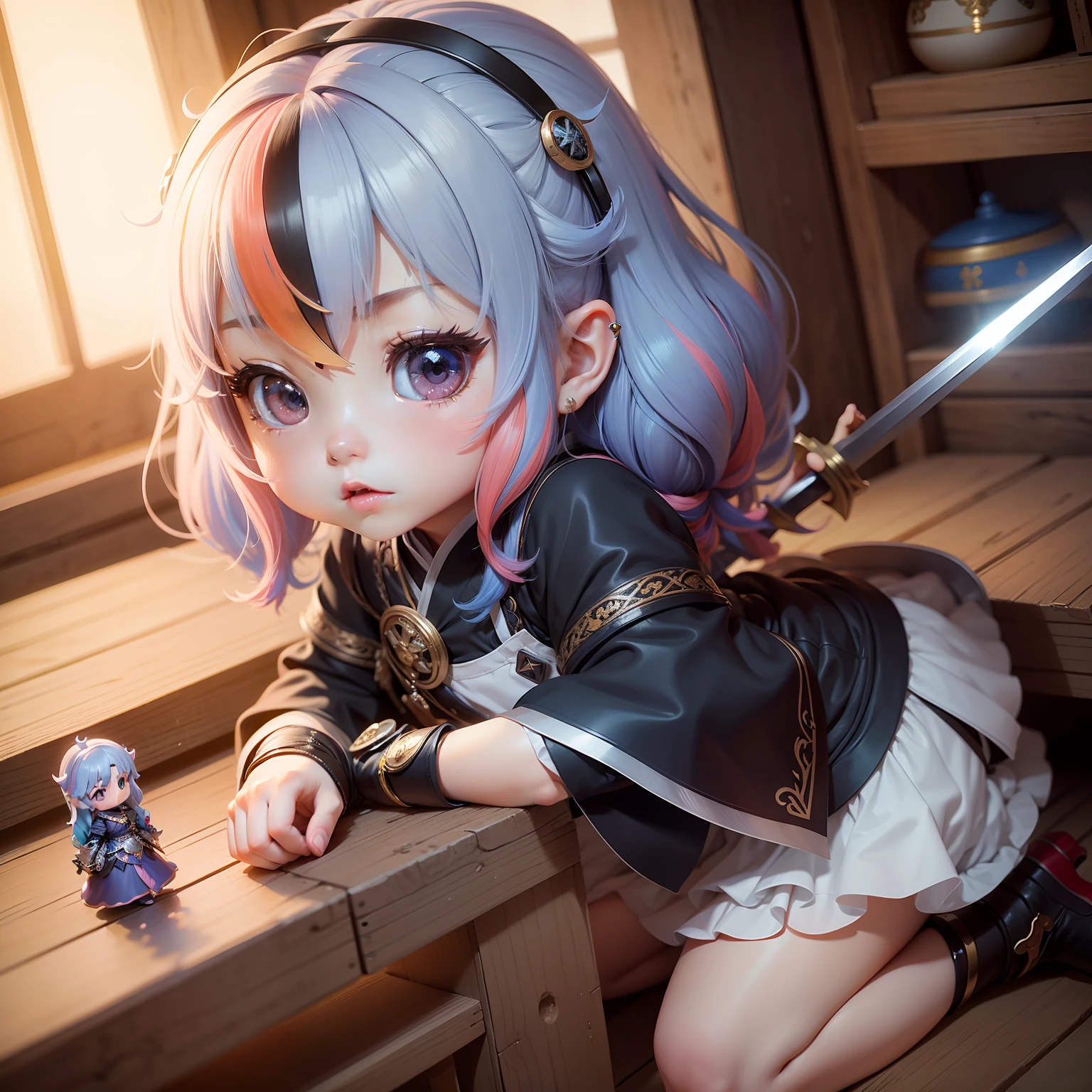 a beauty girl、Soio、super precision、accuracy、nendoroid、Chibi、Multicolored hair color、kawaii、Fantasia、knights、holding swords、Chemo-eared