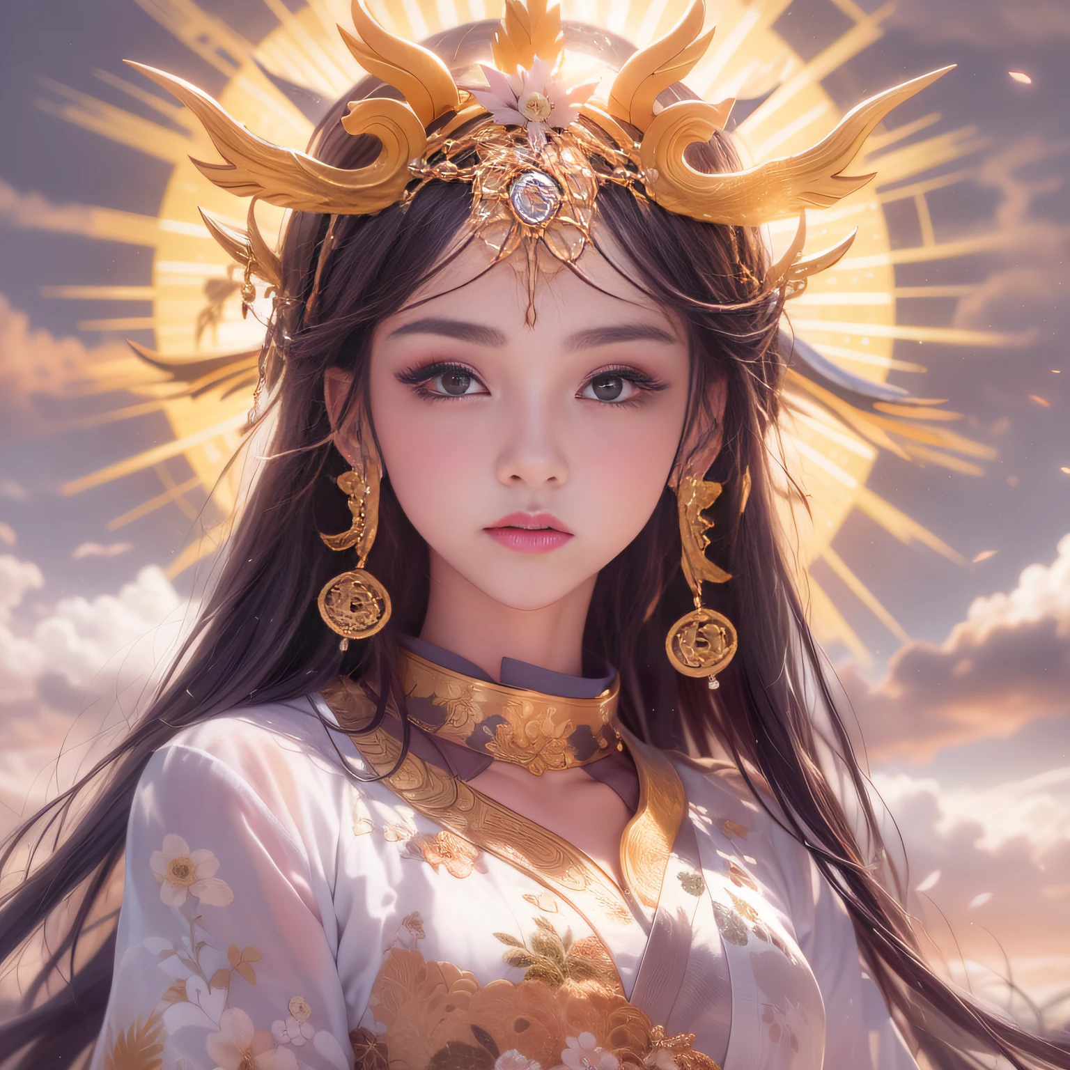 Beautiful fantastic empress shape woman on sun background,Female figure in white dress and crown,Depicting the figure of a beautiful Japan goddess, Black hair shining like the sun,(Amaterasu, sun goddess),the sailor galaxia. Beautiful,The image of the goddess of ancient Japan,Mythical photos on the theme of the sun goddess or the earth goddess,Onmyoji, goddess of lightning,Young Goddess,(small tits), sun goddess, Photoquality,A detailed face,A detailed face,Majestic Sun,Tsurime,Ears of rice in the ground,a beauty girl,