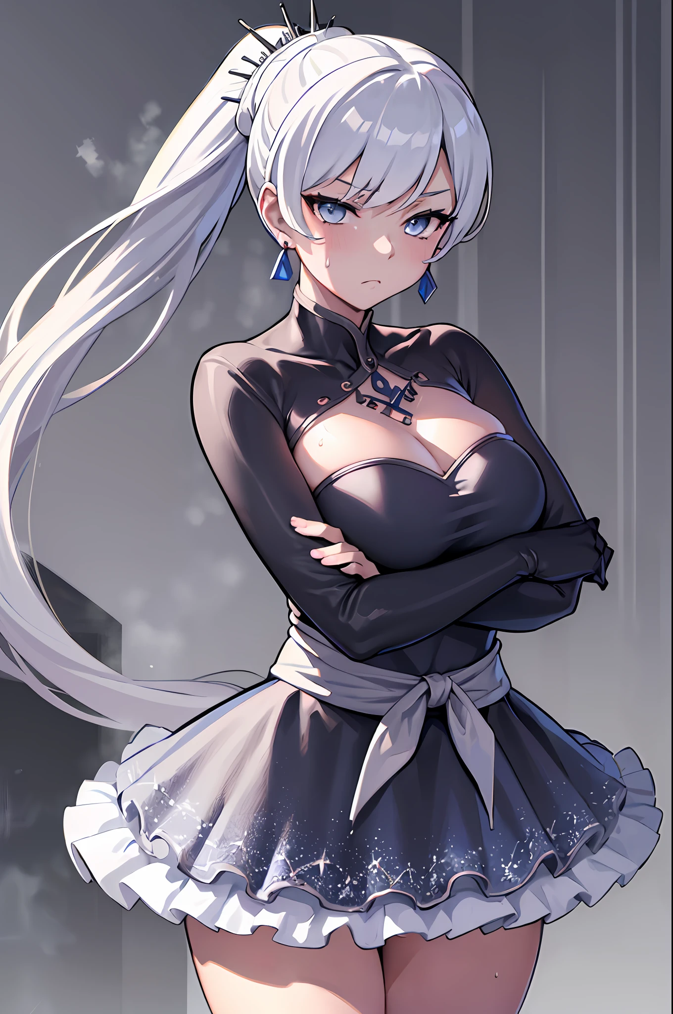 (Masterpiece, Best Quality:1.2), Cowboy shot, 独奏, 1girl, white colored hair, Vaisvale, expressionless, closed mouth, looking a viewer, crossed arms, pony tail, scar across eye, white long shirt, Jewelry, necklace, earings, Huge-breasts, convex areolas, wide thighs, utiful thighs, Spacer frame, Erotica, steam, (Shards of ice, Sex), glistering, Generally chubby, стервозная, slap, Wet, the sweat