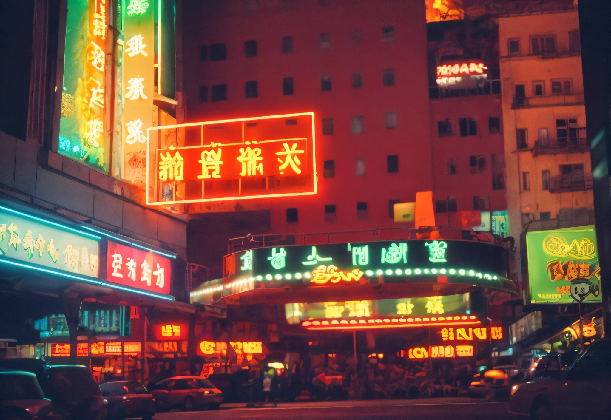 masterpiece, best quality,film grain, high saturation,realistic, scenery, city,night,neon lights,neon trim,