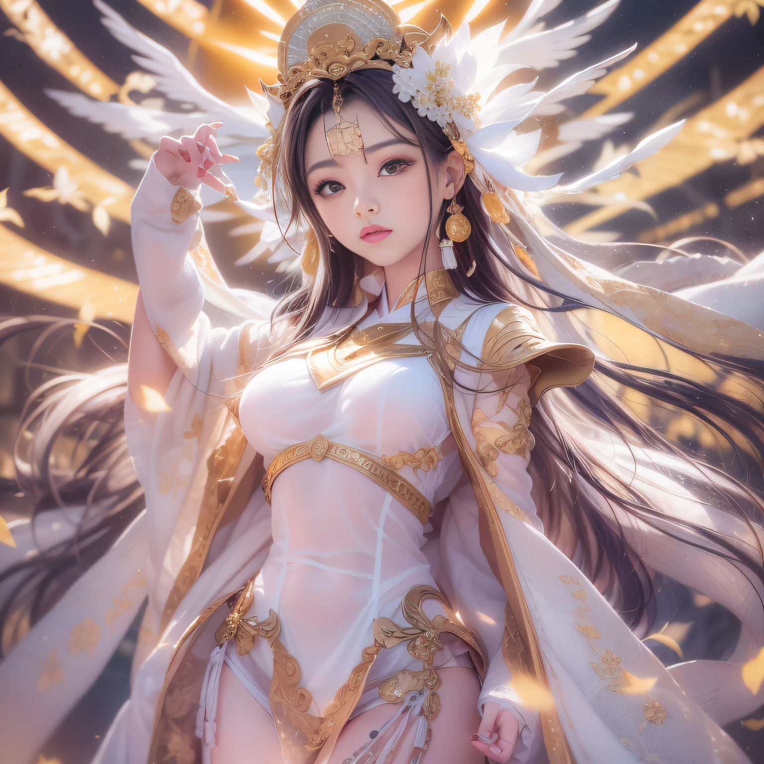 Beautiful fantastic empress shape woman on sun background,Female figure in white dress and crown,Depicting the figure of a beautiful Japan goddess, Black hair shining like the sun,(Amaterasu, sun goddess),the sailor galaxia. Beautiful,The image of the goddess of ancient Japan,Mythical photos on the theme of the sun goddess or the earth goddess,Onmyoji, goddess of lightning,Young Goddess,(small tits), sun goddess, Photoquality,A detailed face,A detailed face,Majestic Sun,Tsurime,Ears of rice in the ground,a beauty girl,
