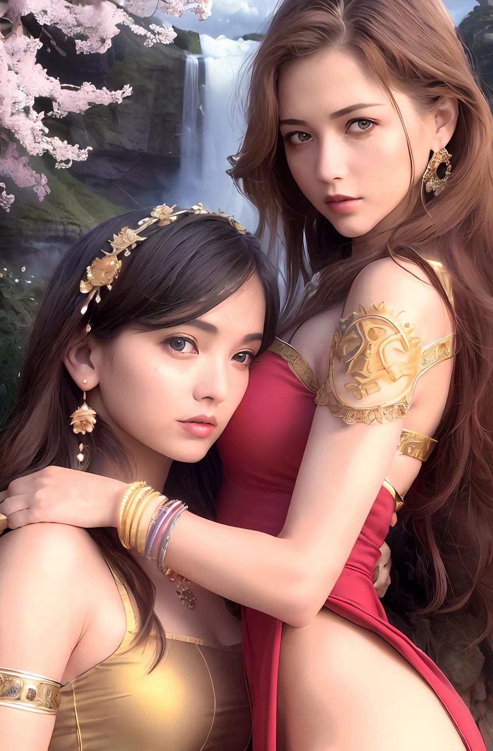 ((Realistic:1.5)),((Best quality)), ((Masterpiece)),((Detailed)),2girls,duo,{2 beautiful girls},PureErosFace_V1,Urzang-6500-V1 Edition, Edition, Edition, Edition, Edition, Edition, Edition, Edition, Edition.1, (Upper body:1.3),royal skimpy underwear, Hug and touch each other, Tease your friend's waist, Breathless friends, Biting a friend's earlobe, crouched,super wide shot,Face focus, Curvy, Barefoot, Medium breasts, Wide hips, Thin legs, Super big eyes,Long eyelashes, (Detailed face,beautidful eyes, detailedpupils,detailed clothes features, Clear background:1.3), (armlets, bangle:1.3),Mysterious ancient ruins, floresta exuberante, Deep canyon,bridge,River,cliff,Cloud,lakes,Rock music,Waterfalls, Flowers, Grass,grape trees,tree,bright detail,Sharp,Perfect compounding, Intricate, Sharp focus, Dramatic,