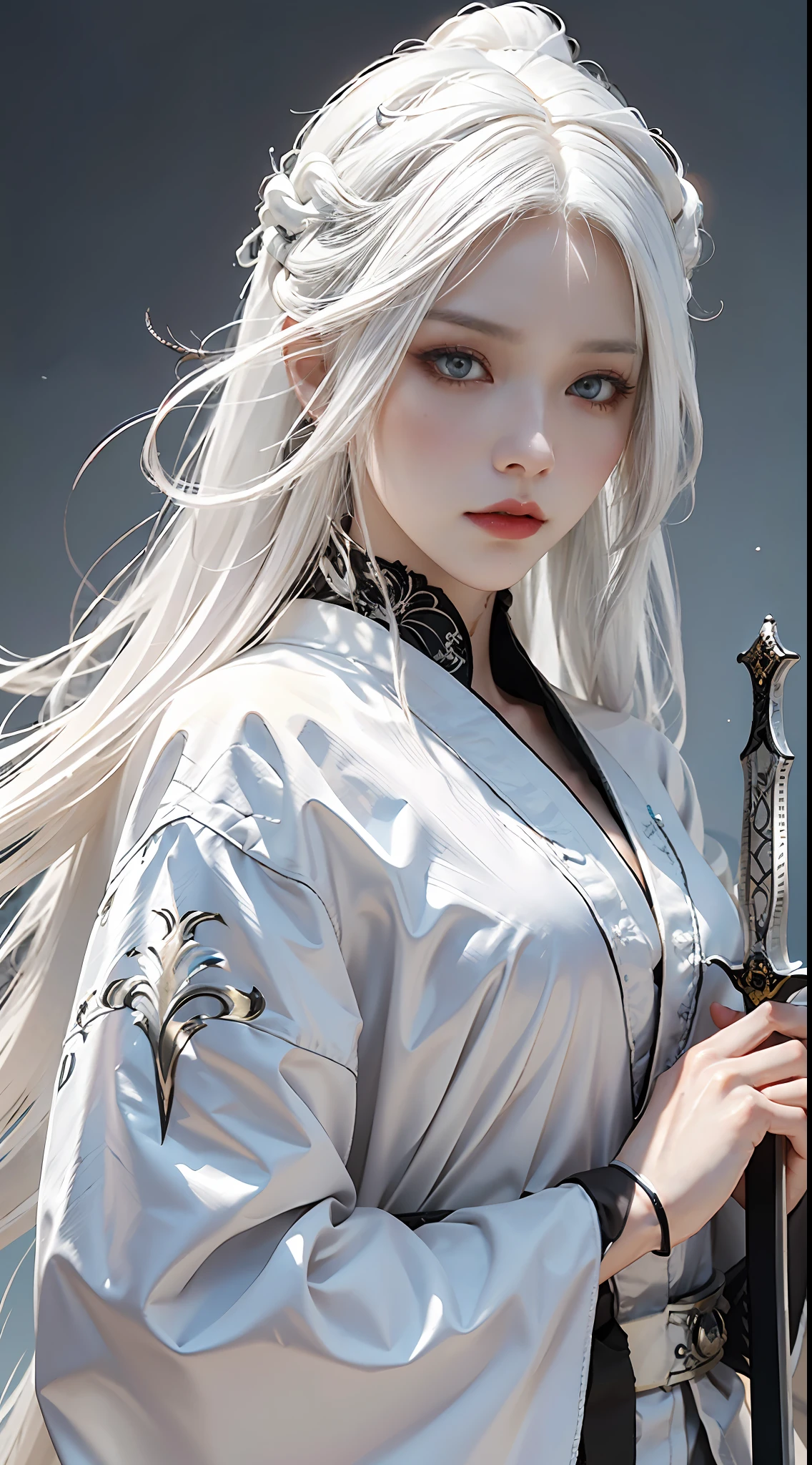 a close up of a person with white hair and a sword, white haired deity, with white long hair, with long white hair, artwork in the style of guweiz, white haired, guweiz, handsome guy in demon slayer art, beautiful character painting, by Yang J, white-haired, guweiz on pixiv artstation, anime character