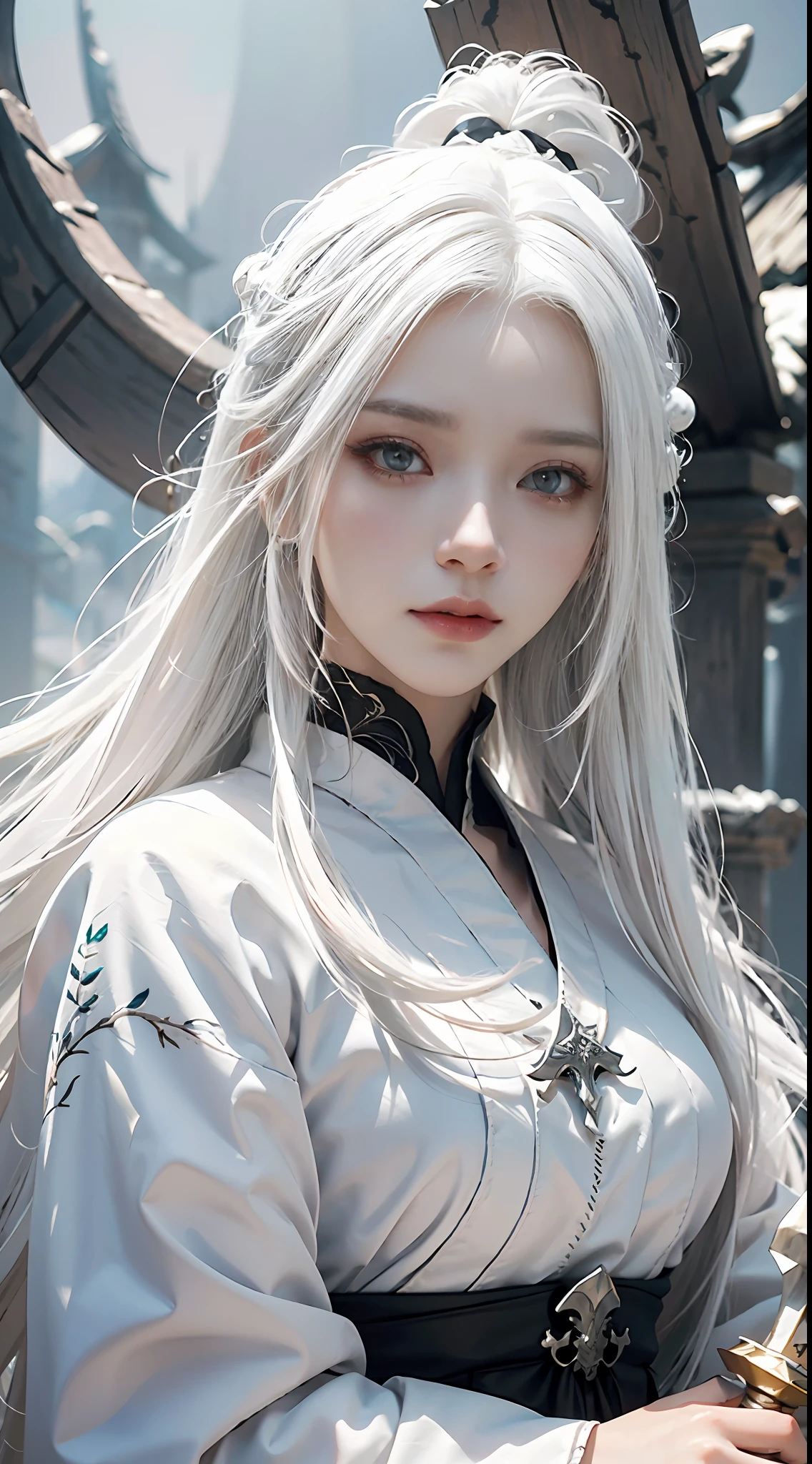 a close up of a person with white hair and a sword, white haired deity, with white long hair, with long white hair, artwork in the style of guweiz, white haired, guweiz, handsome guy in demon slayer art, beautiful character painting, by Yang J, white-haired, guweiz on pixiv artstation, anime character