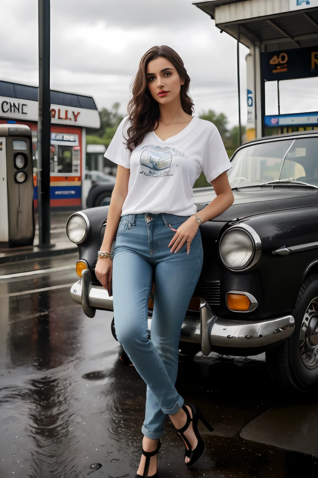 ((Best Quality, 8k, Masterpiece:1.3)), Focus: 1.2, Perfect Body Beauty: 1.4, Arabian 25 years old woman: 1.2, ((Short black curly Hair)), (White plain round neck regular fit basic tee-shirt:1.1), no print on Teeshirt, basic full body length regular fitting tee-shirt, Dark blue skinny jeans, long jeans: 1.1, Highly detailed face and skin texture, Detailed eyes, Double eyelids, toned body, Whitened skin, serious mood, large toned breasts, toned firm legs, high heel's, whitened skin, detailed black eyes, detailed face, middle eastern woman, baggy medium size basic tee-shirt, simple plain Baggy Tee-shirt, toned firm hips, 8K UHD, black anklet, model looks, apocalypse city, rainy weather, dark clouds, silver wrist watch, bracelet, bangle's, open legs style Posing, old gas station, sitting on a old wooden chair, high heels, detailed beautiful feets, detailed feets fingers and shape, dusty sunny weather, old petrol pump, old tyre shop behind, rainy atmosphere, wet roads, model shoot style, old vintage car