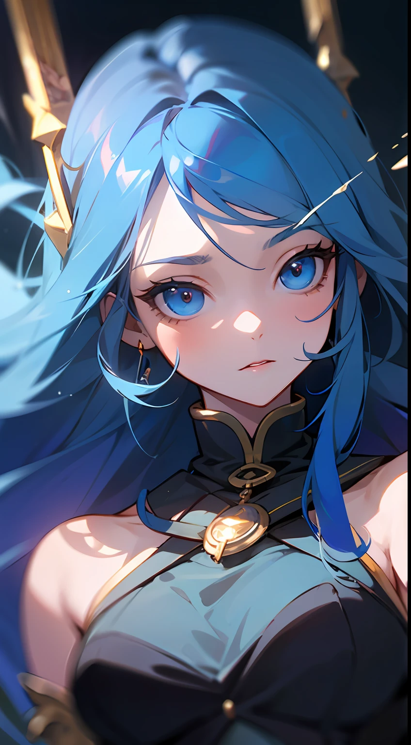 top-quality、detaileds、8K、4 k、hight resolution、detaileds、Long-haired knight girl with blue hair、Upper body is shown、Stone ruins、Swinging a double-edged sword down、(Fantasy World）、Night、Dim、