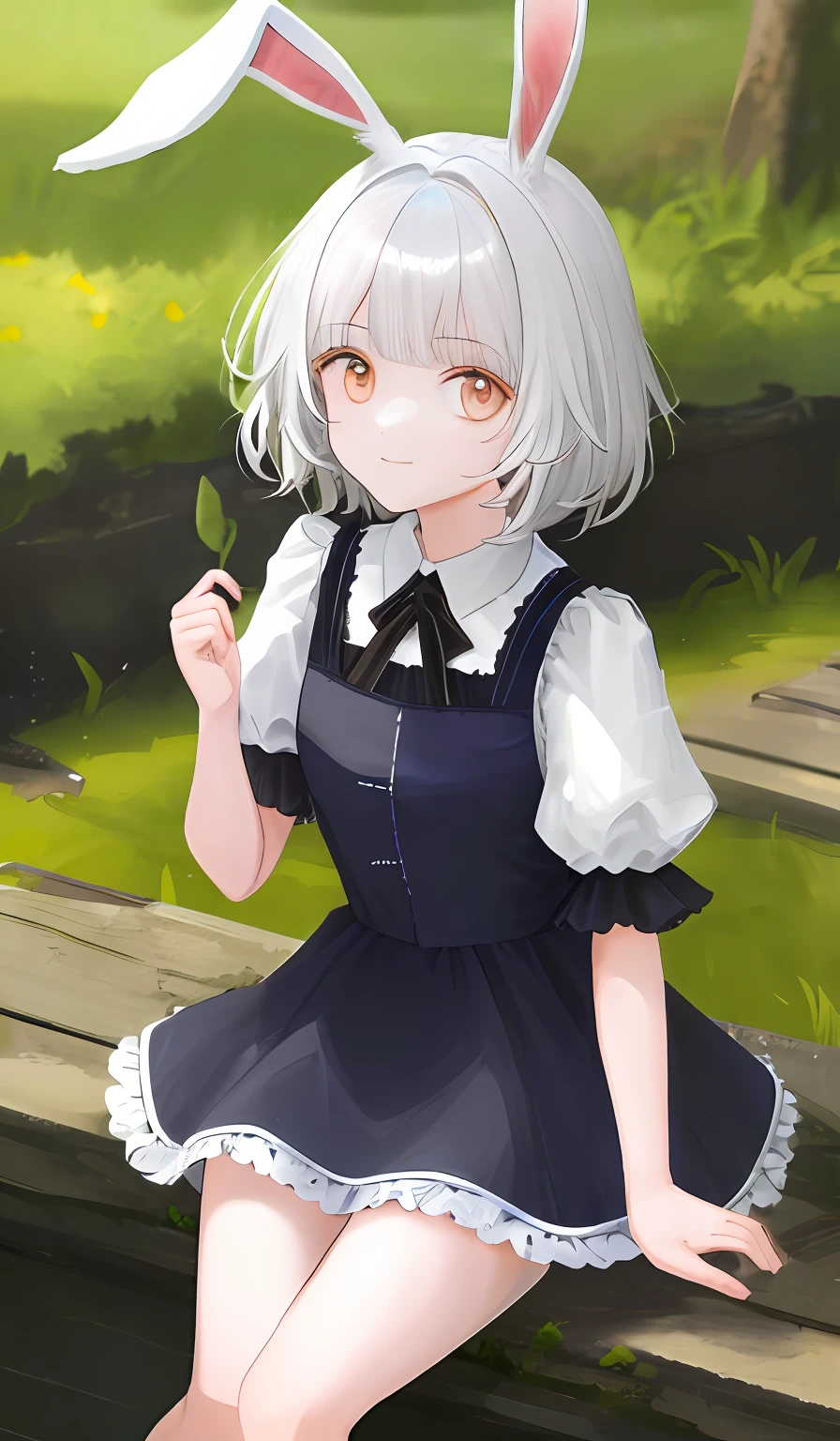 ((Masterpiece,Best quality)),1girll, Solo, Animal ears, Rabbit, Barefoot, Knees up, dress, Sitting, Rabbit ears, Short sleeves, view the viewer, Grass, Short hair, Smile, White hair, Puffy sleeves, Outdoors, puffy short sleeves, bangs, on ground, full bodyesbian, Animal, White dress, Sunlight, Brown eyes, Dappled sunlight, day, Depth of field ,Wet gorund,
