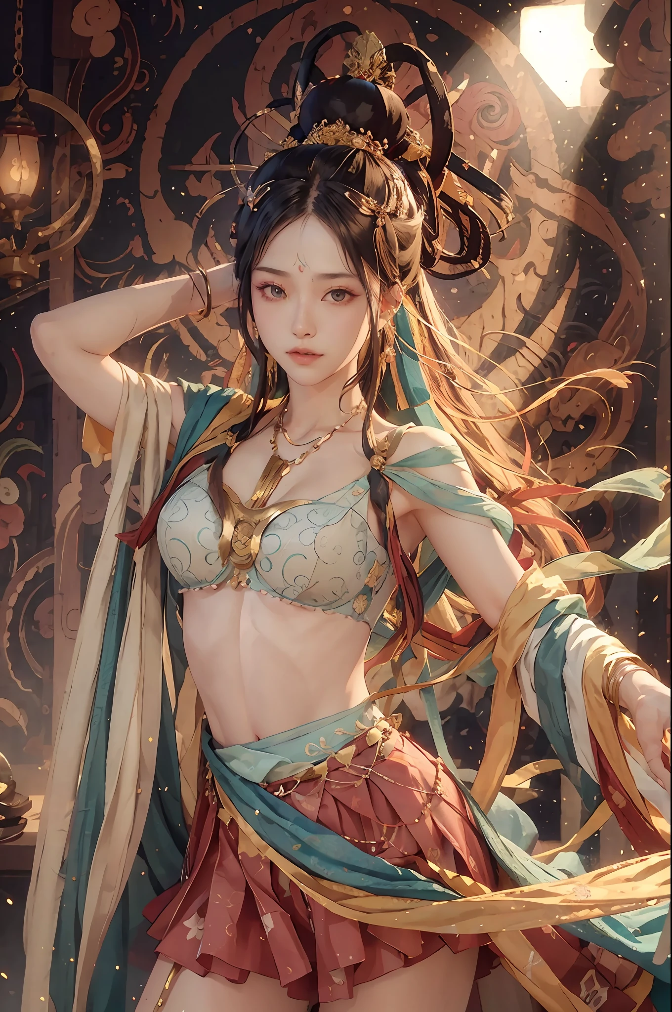 (RAW photos,best qualtiy),(realisticlying,photograph realistic:1.3),best qualtiy,highly detailed,tmasterpiece,hyper-detailing,illustratio,1girll,upper_body,full bodyesbian,dynamic angle,Masterpiece Theatre of the World,messy_long_hair,best qualtiy,extremely detailed CG unity 8k wal,ink,astounding,cinmatic lighting,lens_flare,,dunhuang_style