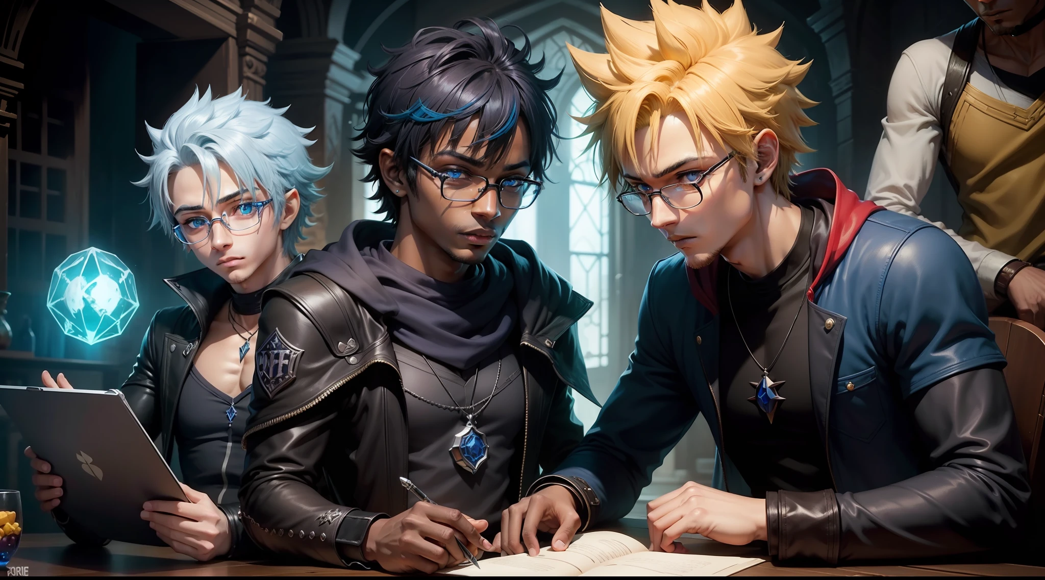 preciso de uma logo para um site de nerds de Rpg de Mesa em que um dos personagens seja negro com as cores Roxas e Azul