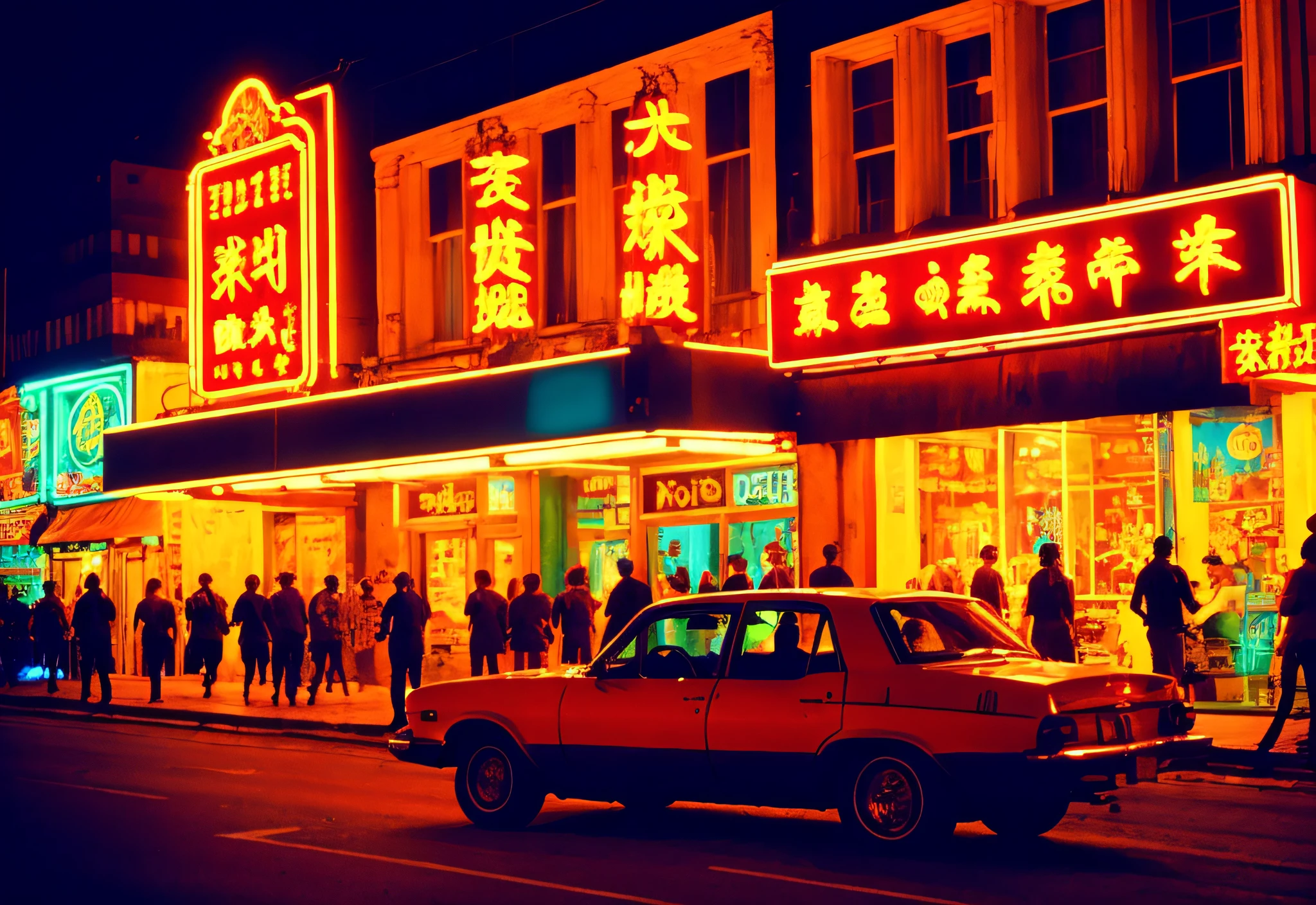 masterpiece, best quality,film grain, high saturation,realistic, scenery, city,night,neon lights,neon trim,