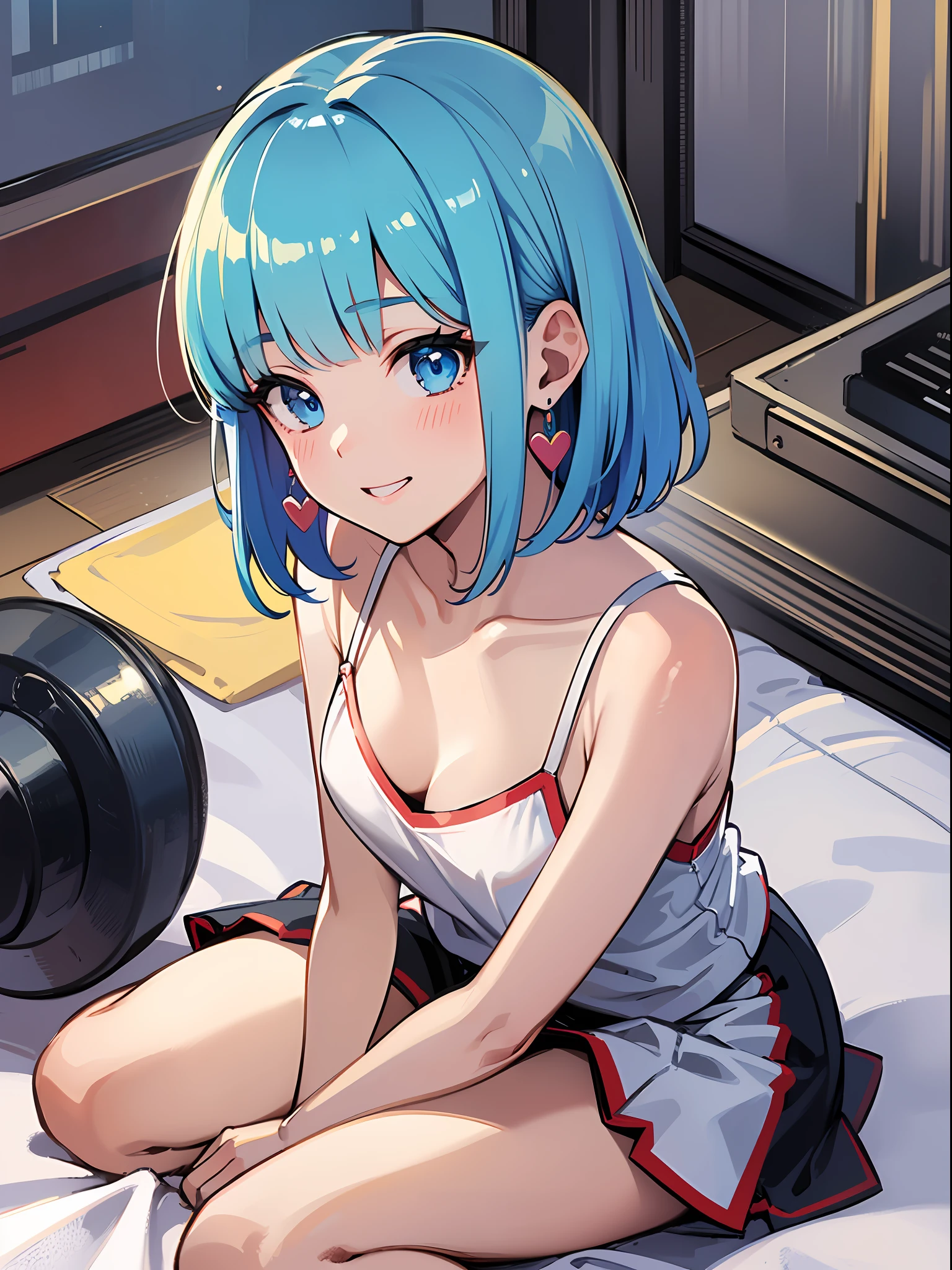 (masterpiece:1.3), (best quality:1.3), high resolution,
from above,
leaning forward, sitting, body facing forward, gym sitting,
(one cute girl:1.3), solo,
white skin, small Breast, eight-headed person,
light blue hair, (bobbed hair:1.2), (short hair:1.2), (blunt bangs:1.2), beautiful hair, blue eyes, beautiful detailed eyes,
blush, heart, cheerful smile,
blue check skirt, camisole, white and red clothes, earrings,
indoors, white room, bed,
shadowlighting,