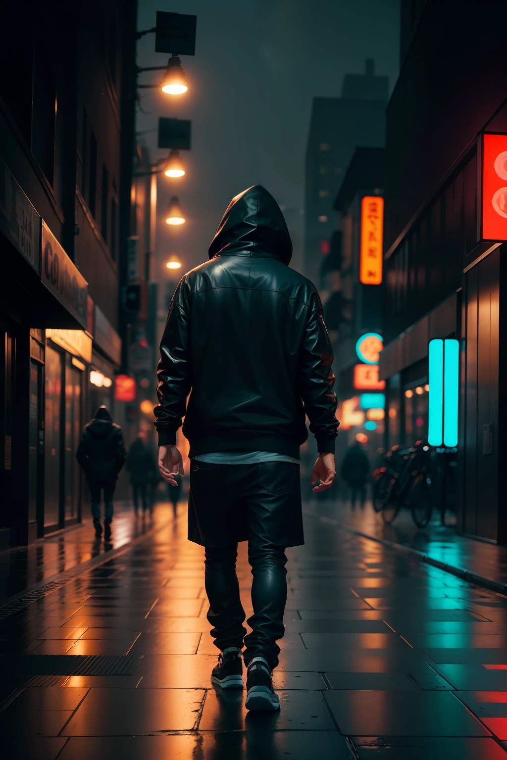 A man wearing a black hoodie, walking away from the camera with a sense of loneliness, surrounded by bustling city streets, neon lights casting vibrant glows on the wet pavement, creating a reflective and moody atmosphere, Photography, realistic style, shot with a 35mm prime lens