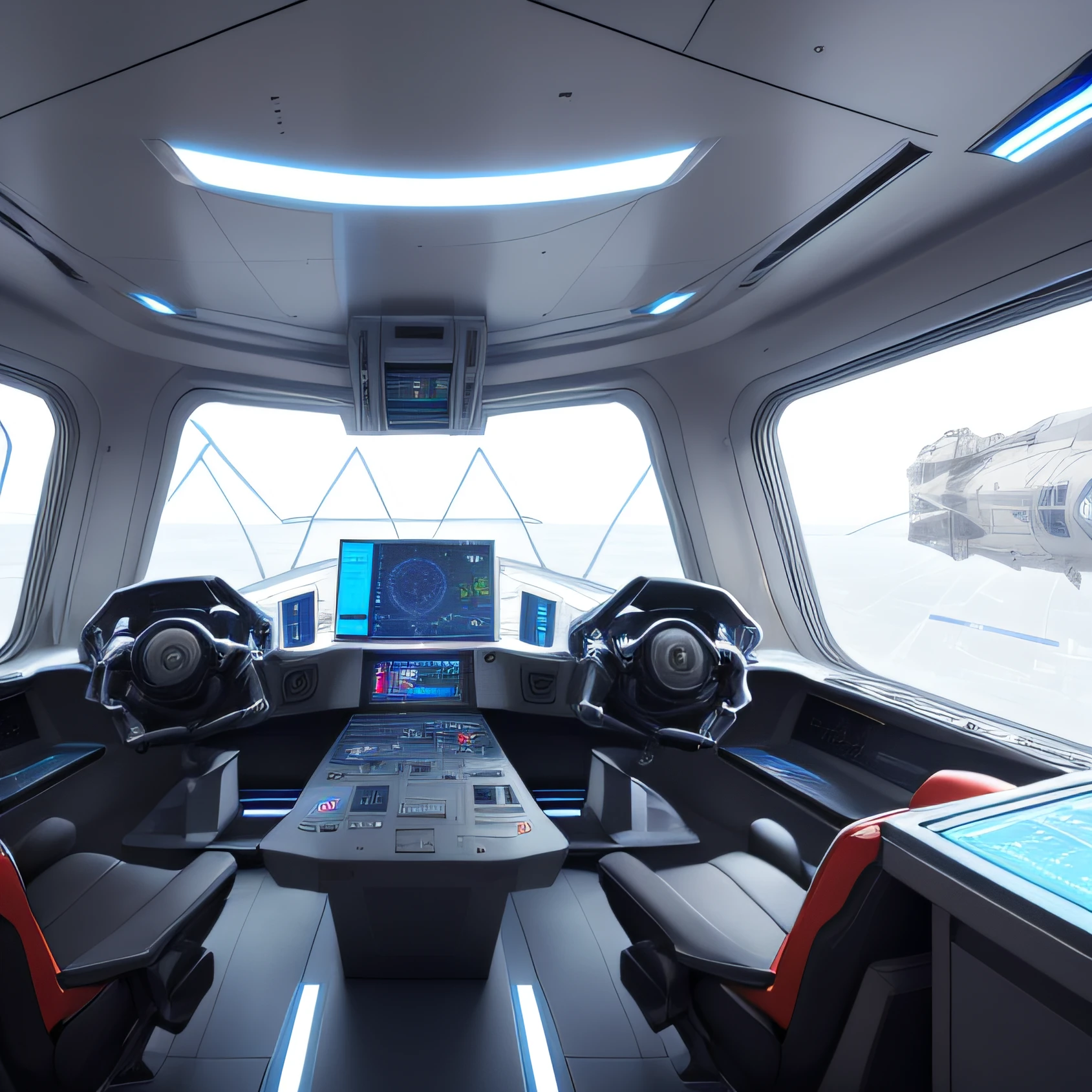 inside spaceship, control painel, chair, holographic table