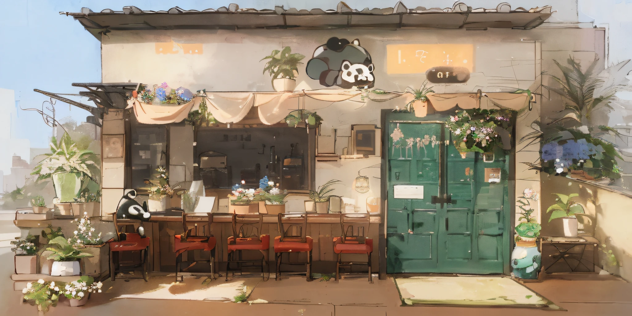 panda, flor, no_humans, janela, cadeira, mesa, plantar, scenecy, porta, potted_plant, banquinho, vaso, flower_pot, coffee shop, Cutebuild style burle marx