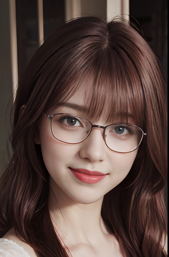 1girl, star eye, blush, perfect lighting, red hair, red eyes, Detailed face, bangs, inside a house, realist, smiling, camera raw, half body photo, masterpiece, best quality, 4k, high quality, wearing glasses