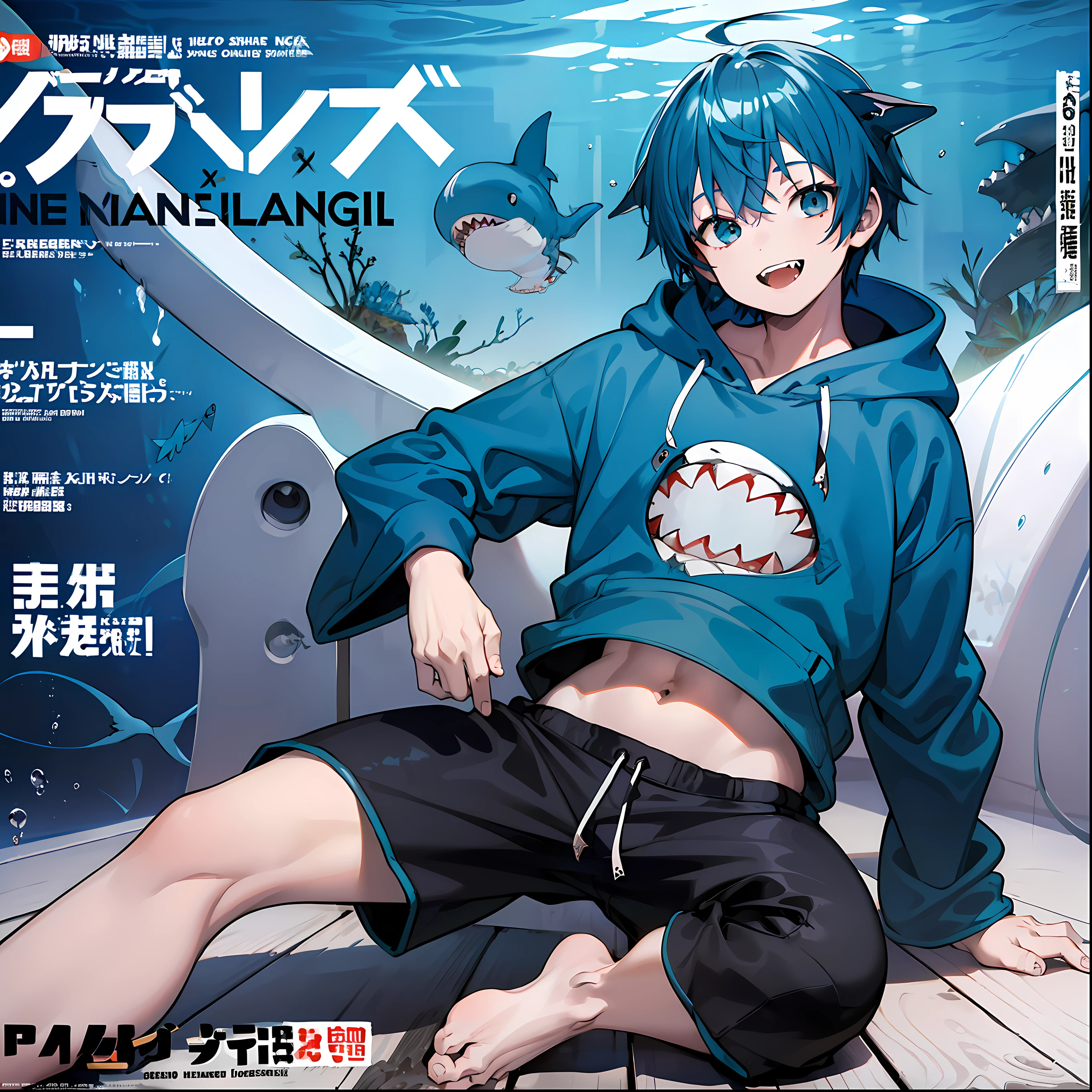 masterpiece, best quality, full body, (1boy), (Wearing a blue shark tail hoodie), (smiling shark teeth),(Boy Messy Japanese Round Haircut for Thick Hair), (blue hair), black shorts, ((solo)), (magazine:1.3), (cover-style:1.3), fashionable,Under water, (in side tunnel aquarium),