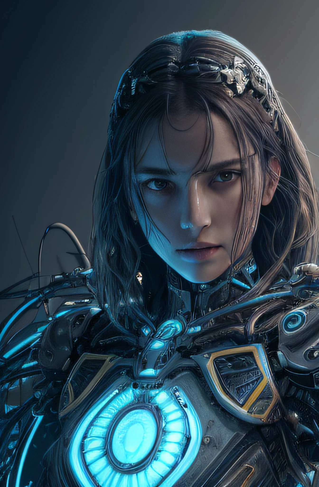 1mechanical girl,((ultra realistic details)), portrait, global illumination, shadows, octane render, 8k, ultra sharp,metal,intricate, ornaments detailed, cold colors, egypician detail, highly intricate details, realistic light, trending on cgsociety, glowing eyes, facing camera, neon details, machanical limbs,blood vessels connected to tubes,mechanical vertebra attaching to back,mechanical cervial attaching to neck,sitting,wires and cables connecting to head