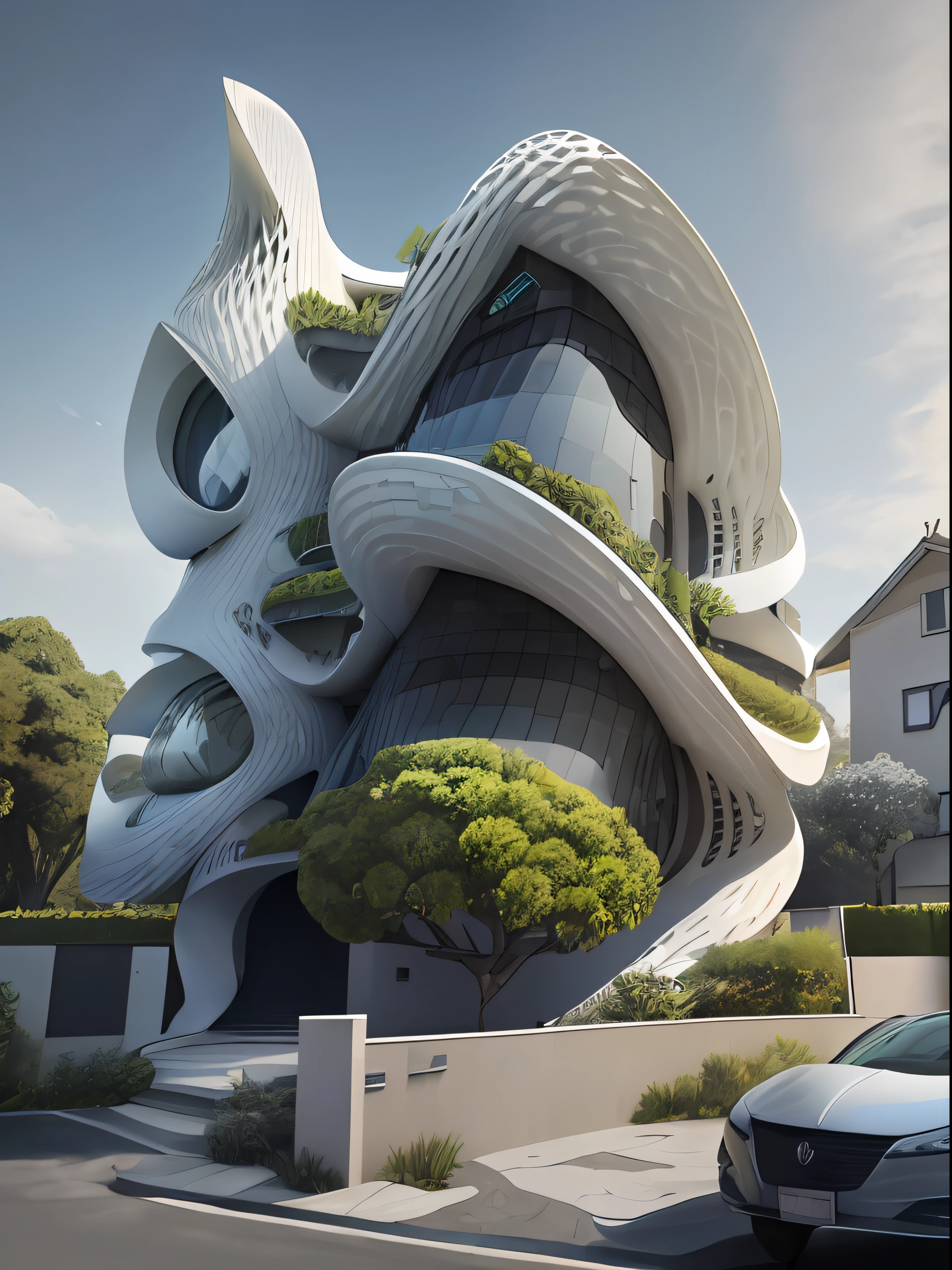 Photo of a house with parametric architecture in the city, grama realista, arvores e paisagismo realistas, com formato de Xbox, realista, disco Rigido, 8k, shadow correction, epic daytime sky