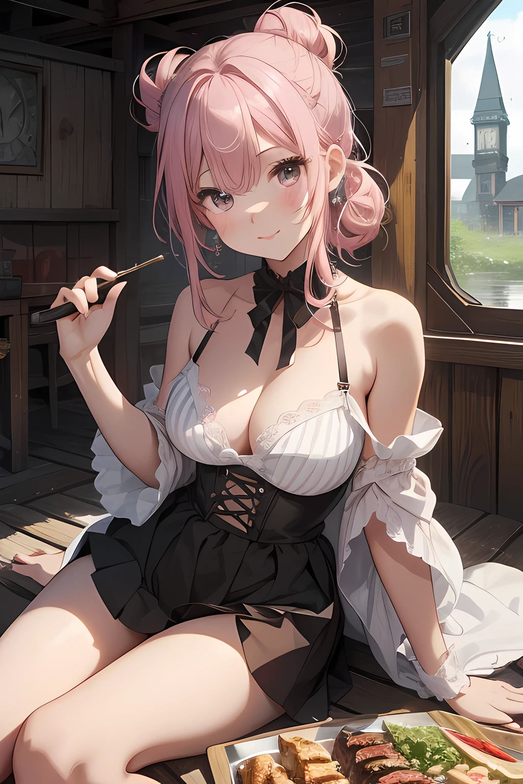 BBQ stand,A variety of foods,Kebabs,MarketaB,Hold a lightning magic wand,Shoot lightning forward,Harry Potter magic hat,Ancient oil lamps,(Shirtless:0.9)、(Naked:0.5)、(huge tit)、Skin type、Fine hairs、Radiant skin、Drunken、luminous(Shirtless:0.8)(Bandeau:0.1)、(Lift one foot:0.1)、 huge tit、Blush、(Small tattoos)、Slightly drunk、(Background with:Jungle lion monkey elephant:0.4)、(goddes:0.8)、(s girl:0.7)、Water-colored eyes、Long eyelashes、(Cute marks on the face: 1.2),(dog teeth:0.8),,(ssmile:0.5)(Blush:0.7),(Hair:0.4),(short:0.8),(Black and brown hair:0.5)(White and pink hair: 0.6)、(Striped hair:0.5)、(High ponytail:0.6)、(ca:0.7)、Shiny hair、(High morbidity:0.6)、(double bun hair:0.2)、Moon hairpins、Collar、Lace、frilld、( Head tilt:0.7)、(Side:0.5)、(Look up:0.2)、(Look at the camera:1.0)(Chest pat:0.5)(Flip skirt:1.5)、((Delicate facial features、Positive face、detail),Bright pink lips,ssmile,Open your mouth,Blush,Slightly drunk:0.5)),Absurd,Extreme,tmasterpiece,whole body fairy,Seductive special portrait of Tifa Loha,The clothes are smooth white and transparent,Background spray paint graffiti,Lace panties。 (There are a lot of little bear pajamas:0.5),(Vintage train background:0.2),The reflection of a part of stagnant water on the ground,Old brick floor,Old clock,wooden building,Leading the puppy
