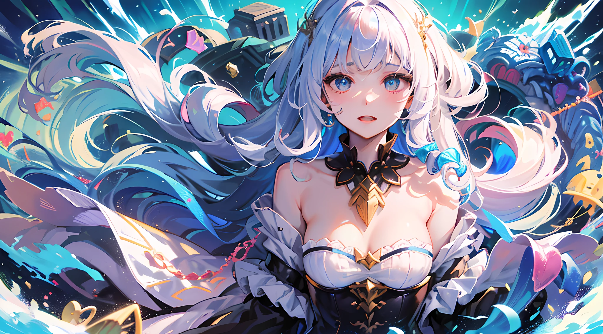 (tmasterpiece), (best qualtiy), (ultra - detailed), (messy hair),(illustratio), (1girll), (Students of the Academy of Magic), standing on your feet, looking at viewert, (in isekai), 美丽细致的眼睛, exquisite and beautiful face, afloat,(high saturated),(Snow-white hair),colorful bubble,(Shiny), Focus on the face, hair braids, By bangs, hair loops, necklace, Floating hair, (Shiny), best illuminate, Best shadow,