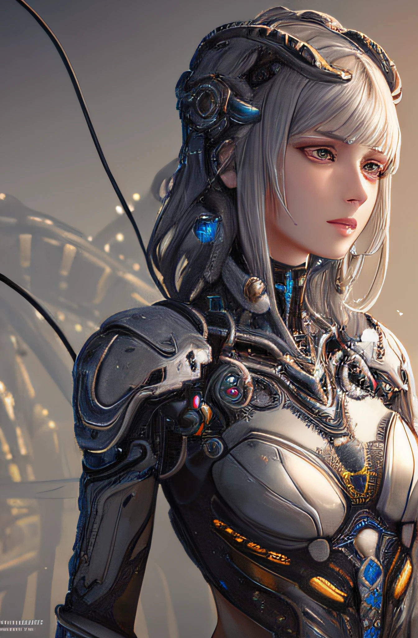 1mechanical girl,((ultra realistic details)), portrait, global illumination, shadows, octane render, 8k, ultra sharp,metal,intricate, ornaments detailed, cold colors, egypician detail, highly intricate details, realistic light, trending on cgsociety, glowing eyes, facing camera, neon details, machanical limbs,blood vessels connected to tubes,mechanical vertebra attaching to back,mechanical cervial attaching to neck,sitting,wires and cables connecting to head