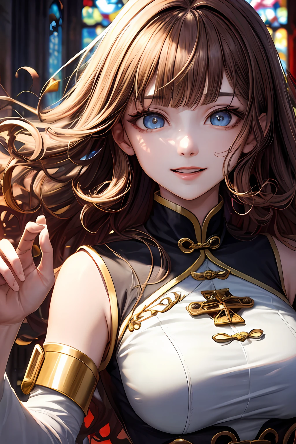 (masterpiece, ultra high res, best quality:1.1) ,cyborg girl, mechanical arm, mechanical body, Her eyes are shining , It's glowing all over the place ,((detailed eyes, high quality eyes, high quality face)) ,smile , (blunt bangs:1.1), floating hair , light brown hair, messy hair, curly hair ,long thick eyelashes , black eyes, almond-shaped eyes , pitched eyebrows, open her eyes , ringed eyes , chinese clothes , She is dancing , in church