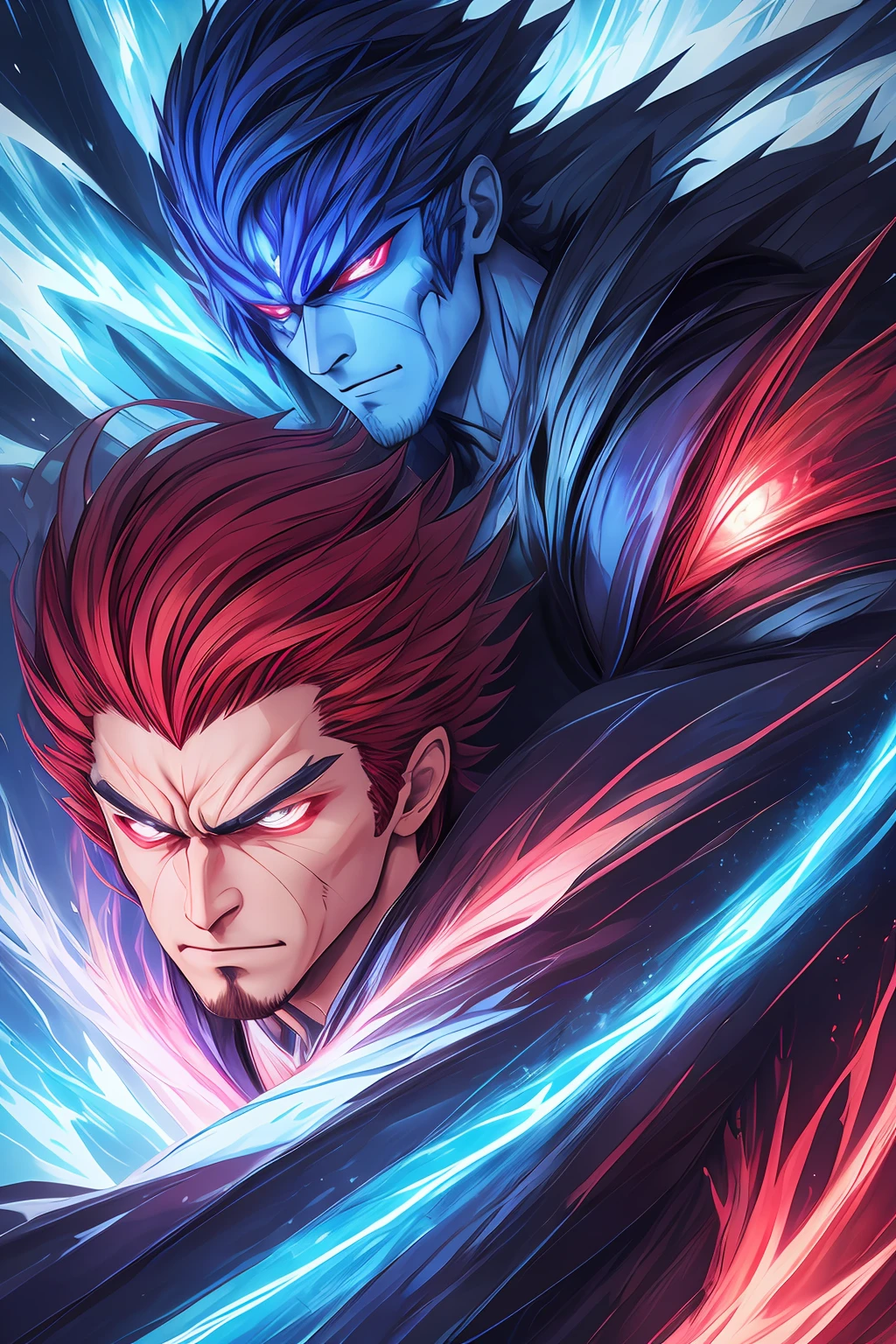 2 men,eyes full of anger,bad red aura,good blue aura,use full power,destroy nature,highly detailed,8k,hd