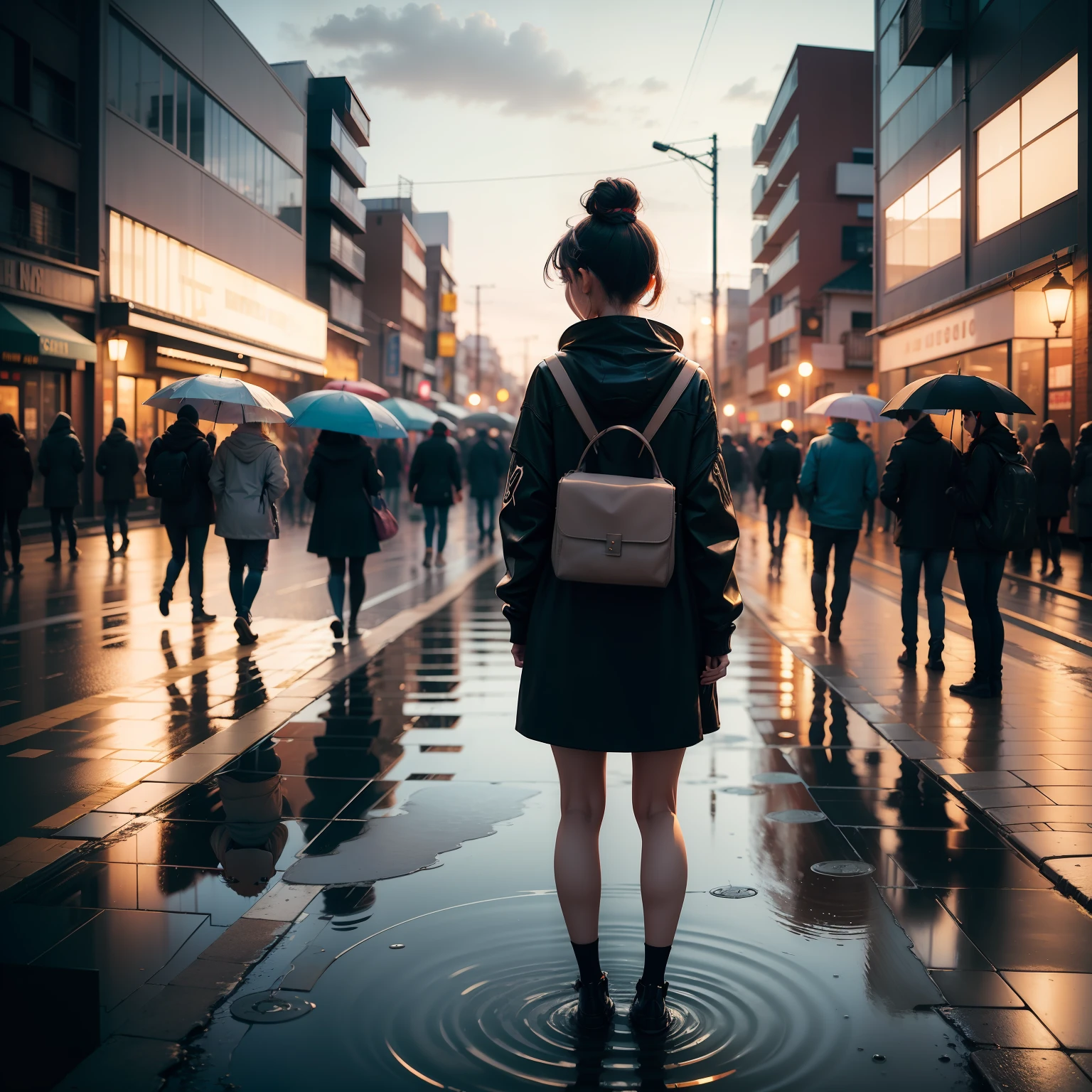 Realista, cidade, barnet, menina, sidewalk, chuva, puddle, reflexo, crowd, sozinha