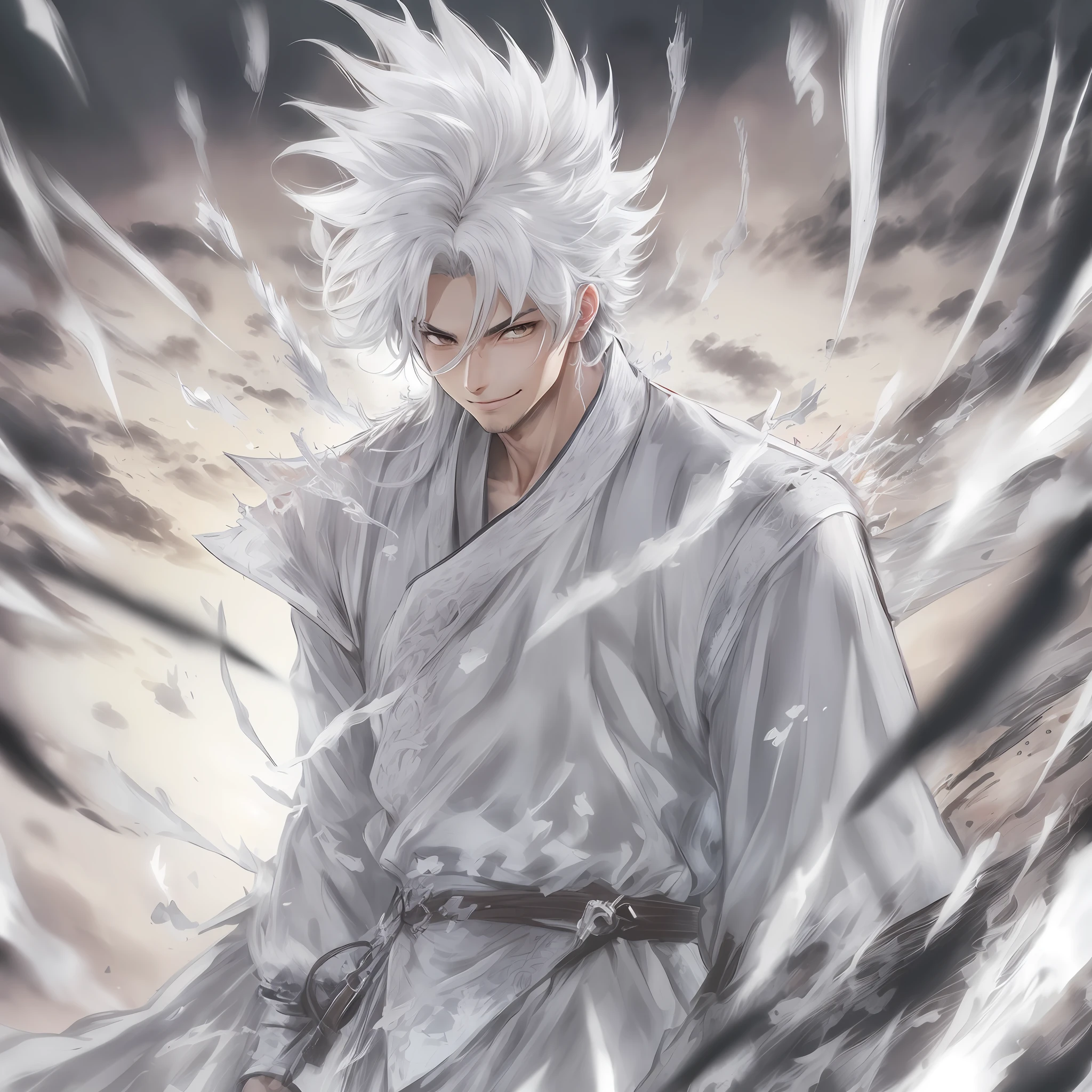 ((manga-style)) ((homem)) ((cabelo branco)) ((cabelo amarrado))((duas franjas)) ((fundo tempestade de raios)) ((olhos de fogo)) ((espada branca)) ((roupas brancas)) ((serious with smile))
