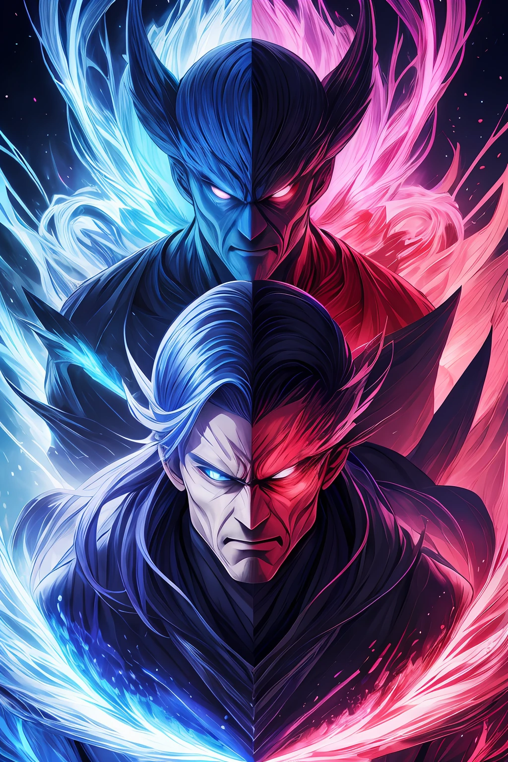 2 men,eyes full of anger,bad red aura,good blue aura,use full power,destroy nature,highly detailed,8k,hd