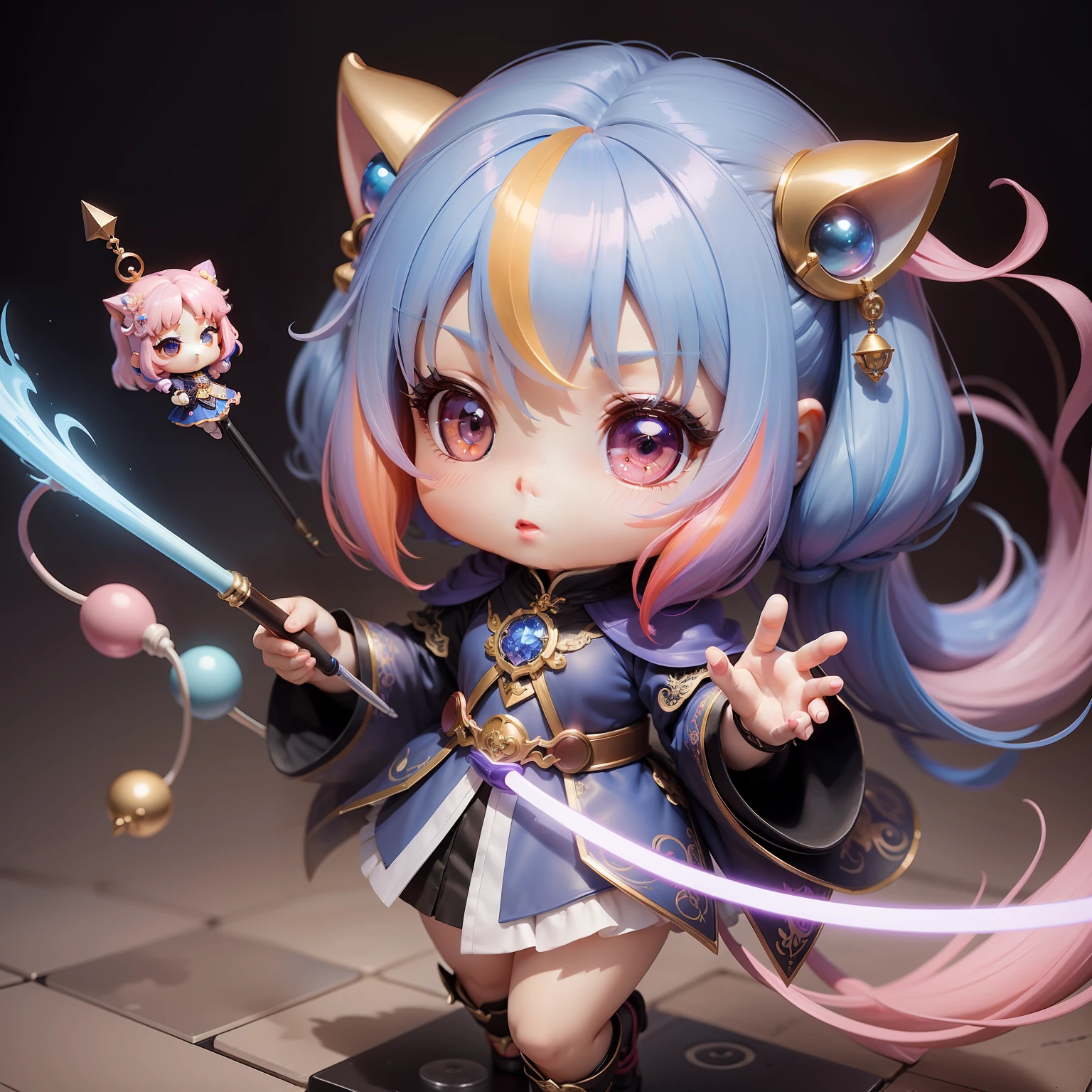 a beauty girl、Soio、super precision、accuracy、nendoroid、Chibi、Multicolored hair color、kawaii、Fantasia、Sorcerer、Holding a cane、Chemo-eared