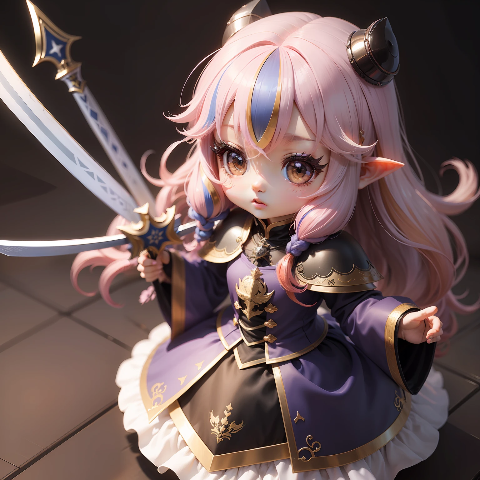 a beauty girl、Soio、super precision、accuracy、nendoroid、Chibi、Multicolored hair color、kawaii、Fantasia、knights、holding swords、Chemo-eared