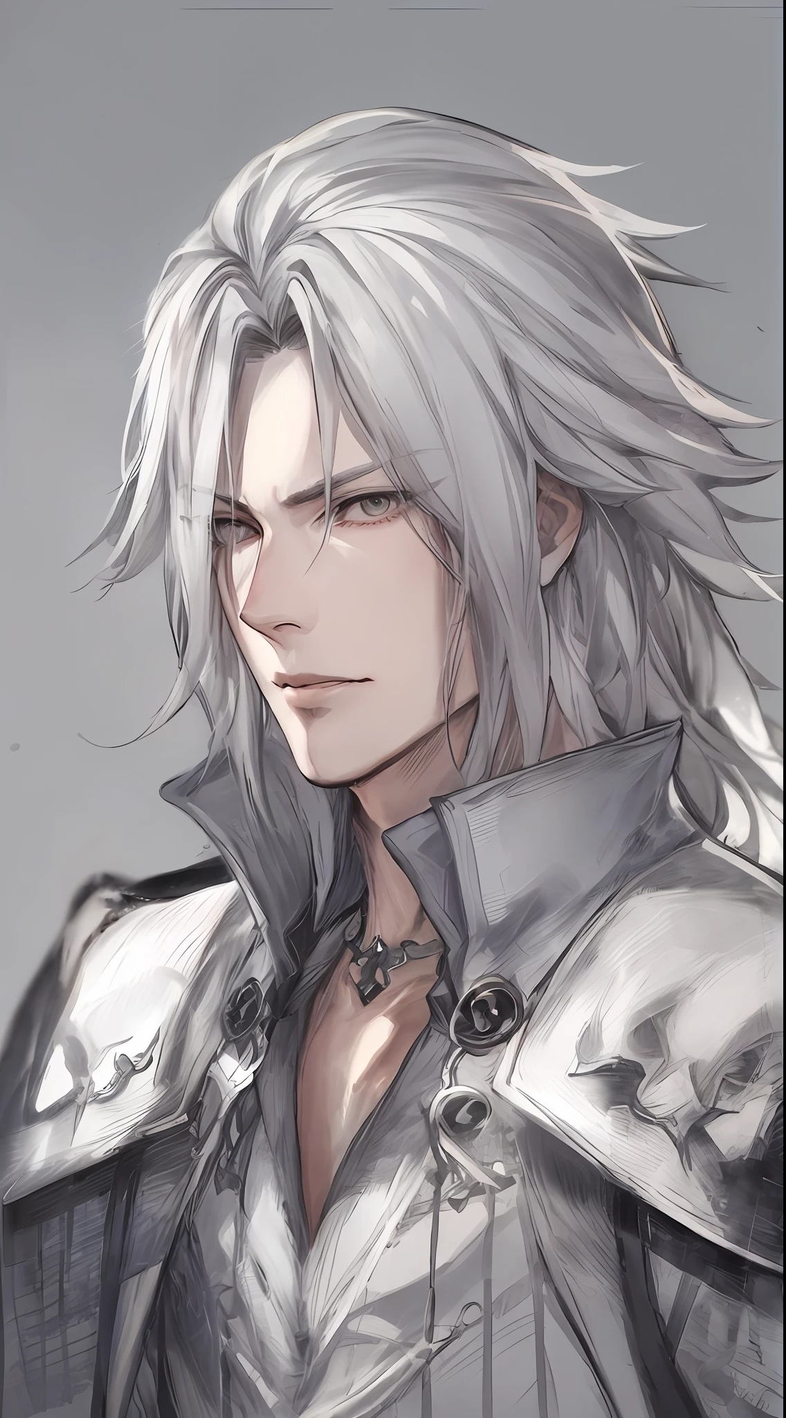 desenho de um homem com um cabelo branco e uma camisa cinza, Retrato de Thancred, personagem de anime masculino, thancred waters, seinen manga portrait, Retrato anime de um homem bonito, personagem estilo anime, sombreamento de anime), estilo anime semi-realista, cara de final fantasy, Sephiroth, sombreamento estilo anime plano, personagem de anime, estilo anime masculino, sombreamento de anime