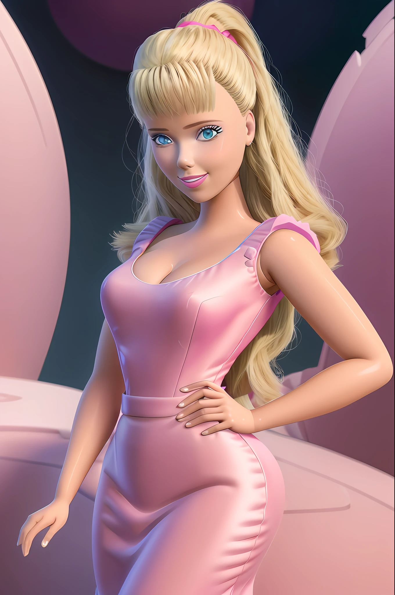 (masterpiece, best quality), highres, (8k, RAW photo, highest quality), (Scarlett Johansson as Barbie), (Scarlett Johansson faces:1.2), Scarlett Johansson, (blonde hair) , ultra-realistic, 3d, centered, (TS_Barbie), mid shot, (full body:1.2), a cartoon girl in solid PINK dress in the style of pixar, (dress solid pink color), (perfect lighting and composition:1),soft lighting, (high detail, 8K resolution:1), hdr:0.7, detailed face, perfect, (dynamic), pose, (high quality:1.2), plastic skin, ((shiny:1.3)), smile, (depth of field:0.8), 50mm, film grain:0.7, fujifilmXT3, focus face, (sad:1.2), looking at viewer, detailed eyes, detailed face, floating particles, beautiful, light makeup, lipstick, (thick waist and thighs:0.6), amazing composition