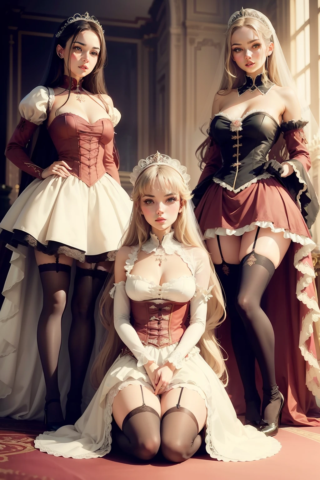 multiple sexy servant girls standing or kneeling in front of main character princess wearing maid dresses and stockings in the background, main character is noble young princess in bride wedding lace dress and stockings sitting on throne, full body shot, show full body from head to toes, only females on the picture, inside palace background, white and even teeth, makeup, lipstick, slim body