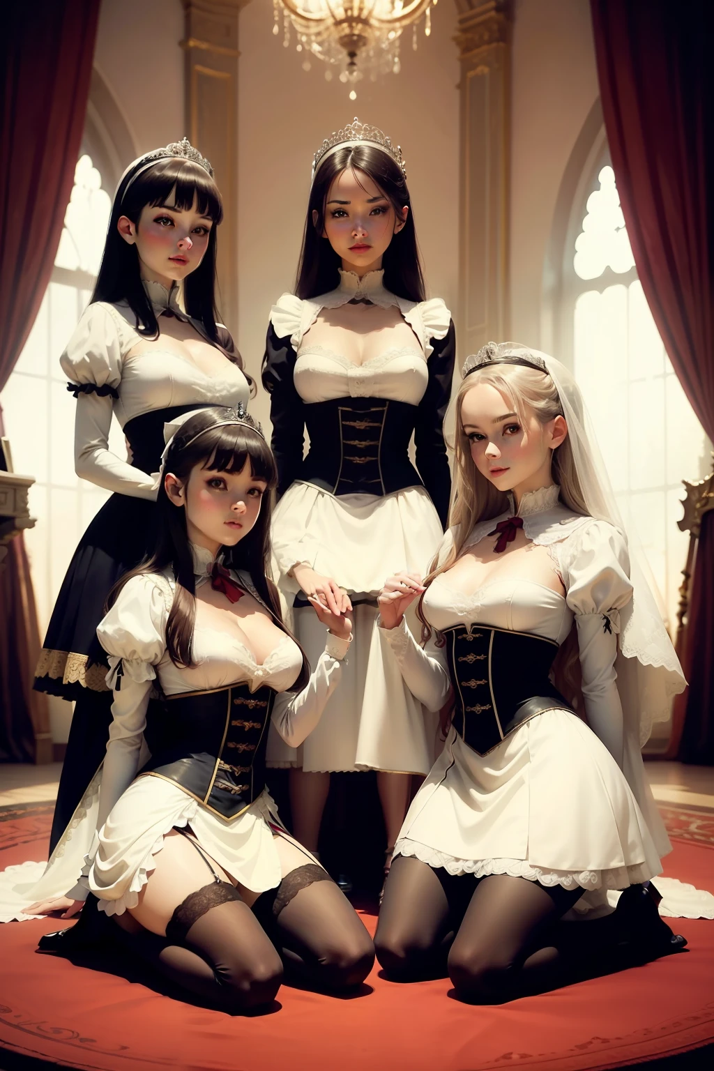 multiple sexy servant girls standing or kneeling in front of main character princess wearing maid dresses and stockings in the background, main character is noble young princess in bride wedding lace dress and stockings sitting on throne, full body shot, show full body from head to toes, only females on the picture, inside palace background, white and even teeth, makeup, lipstick, slim body