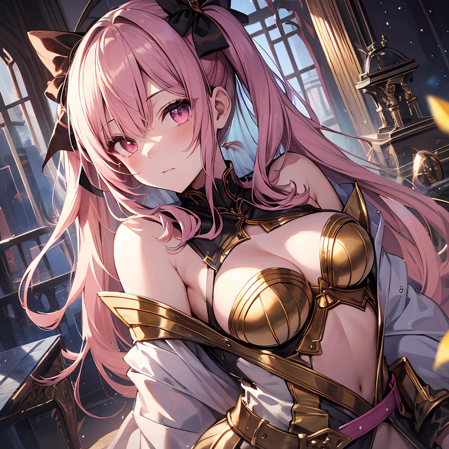 bunbun masterpiece、best qualtiy、Asuna\(Stars\)、1girl in、armature、blushed、breastplates、Pink eyes、Pink hair、Luxury lingerie、Lambent Light、length hair、Watch your audience、Golden Ribbon、bow ribbon、scabbard、poneyTail Hairy hair Castle Room Room with atmosphere small tits