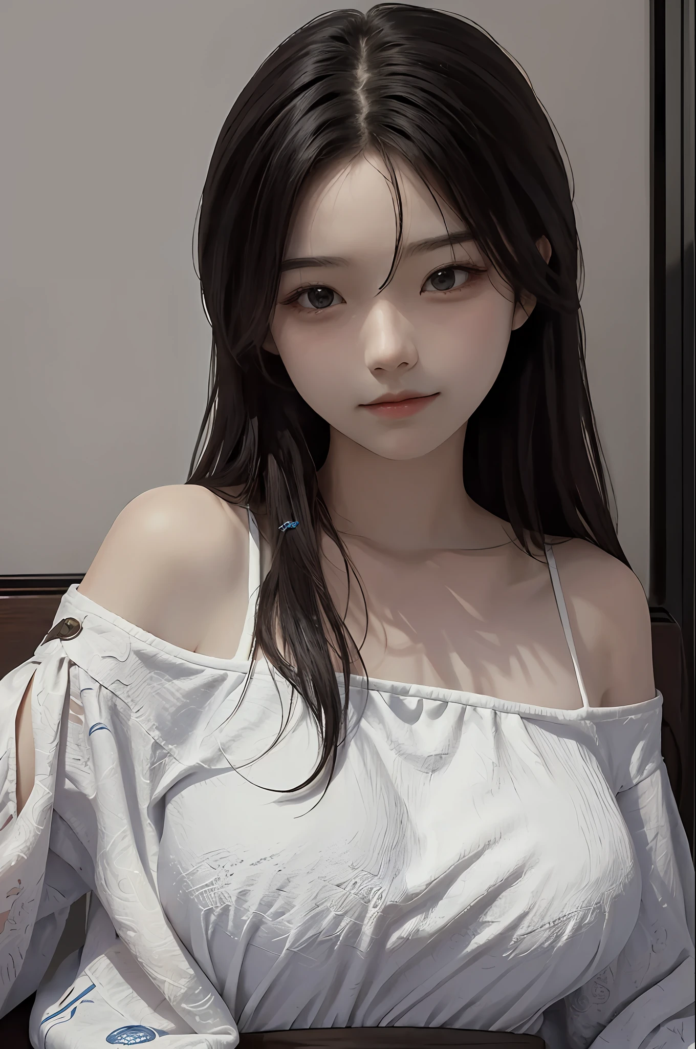 best qualtiy，tmasterpiece，超高分辨率，（realisticlying：1.4），1girll，bshoulders，big breasts enchanting，looking at the camera in，nakeness